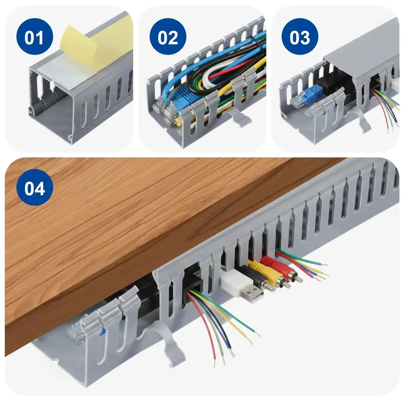Six Piece Open Slot Wiring Raceway Duct For Under Desk Cable Management And Cord Track To Hide Computer Wires Easy Install With Tape And Screws Black PVC - Image 7