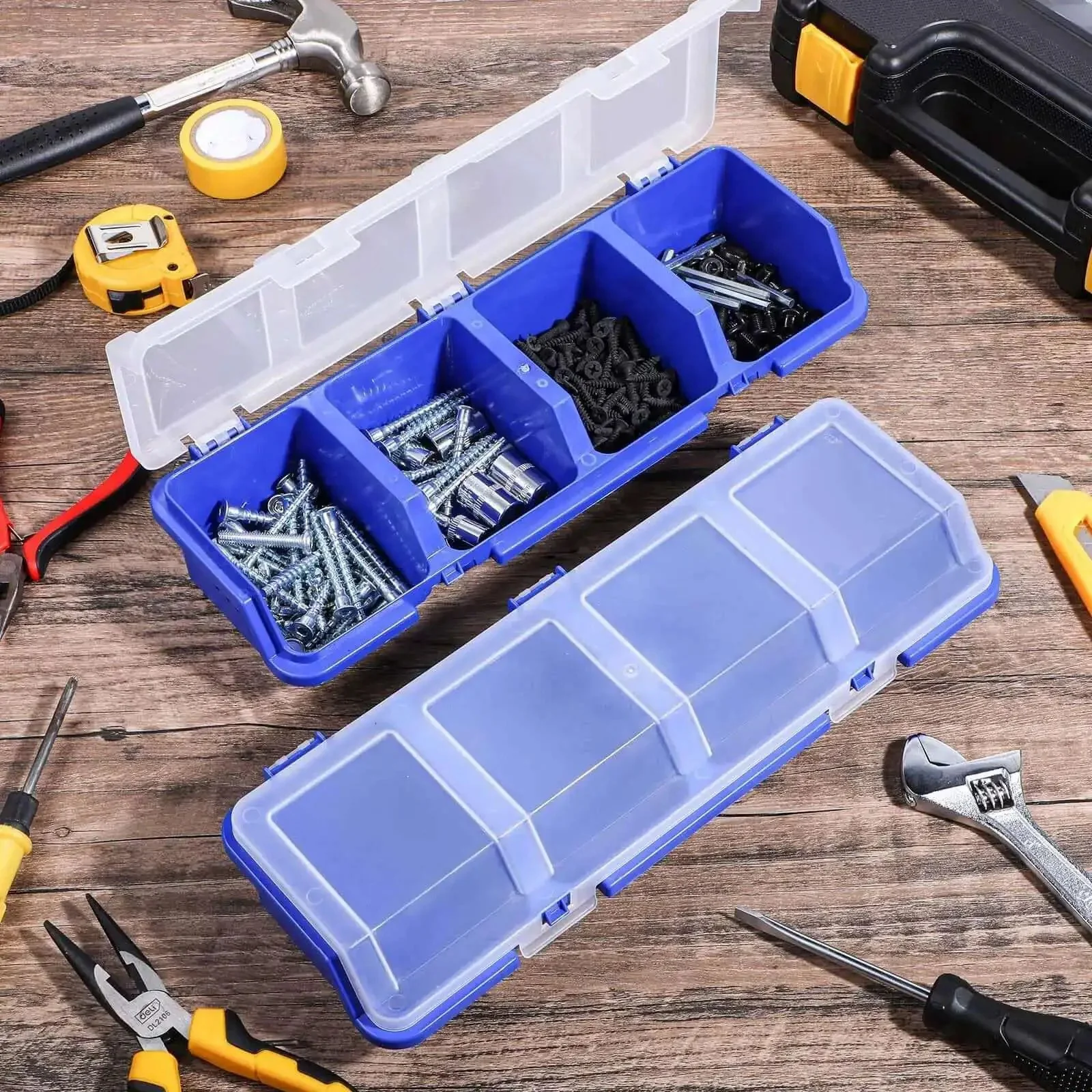 Six Piece Screw Organizer Box With Lids Slanted Opening For Easy Grab And Go Access Four Divider Compartments Locking Latches Handy Garage Toolbox Case For Nails Bolts Small Parts And Hardware - Image 5