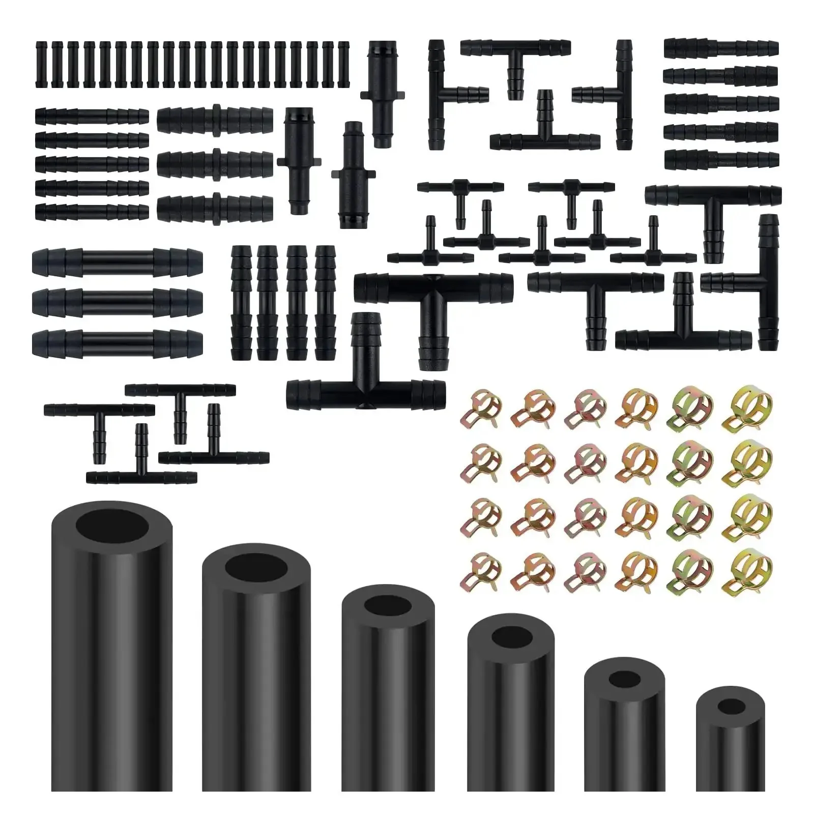 Six Piece Silicone Vacuum Hose Kit For Automotive Use, Each Hose About Five Feet Long, With Inner Diameters 3/8 Inch, 5/16 Inch, 1/4 Inch, 3/16 Inch, 5/32 Inch, And 1/8 Inch, Includes 64 Connectors And 24 Clamps For Water And Air Vacuum Lines