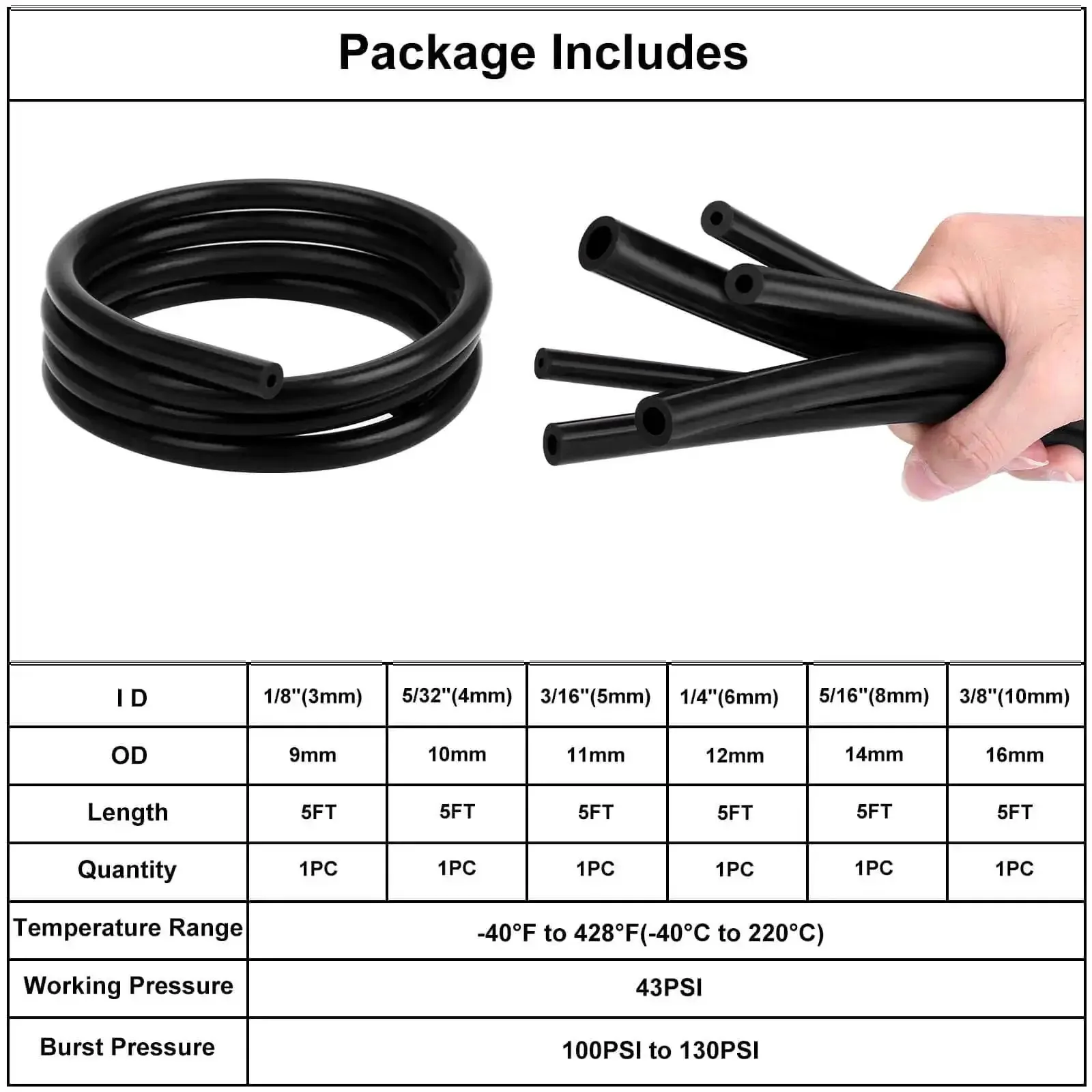 Six Piece Silicone Vacuum Tubing Hose Kit For Automotive Use, Black Flexible Vacuum Hose Set With Six Sizes 1/8 Inch, 5/32 Inch, 3/16 Inch, 1/4 Inch, 5/16 Inch, 3/8 Inch, High Temperature Durable Corrosion Resistant Silicone Hose Plug And Play - Image 4