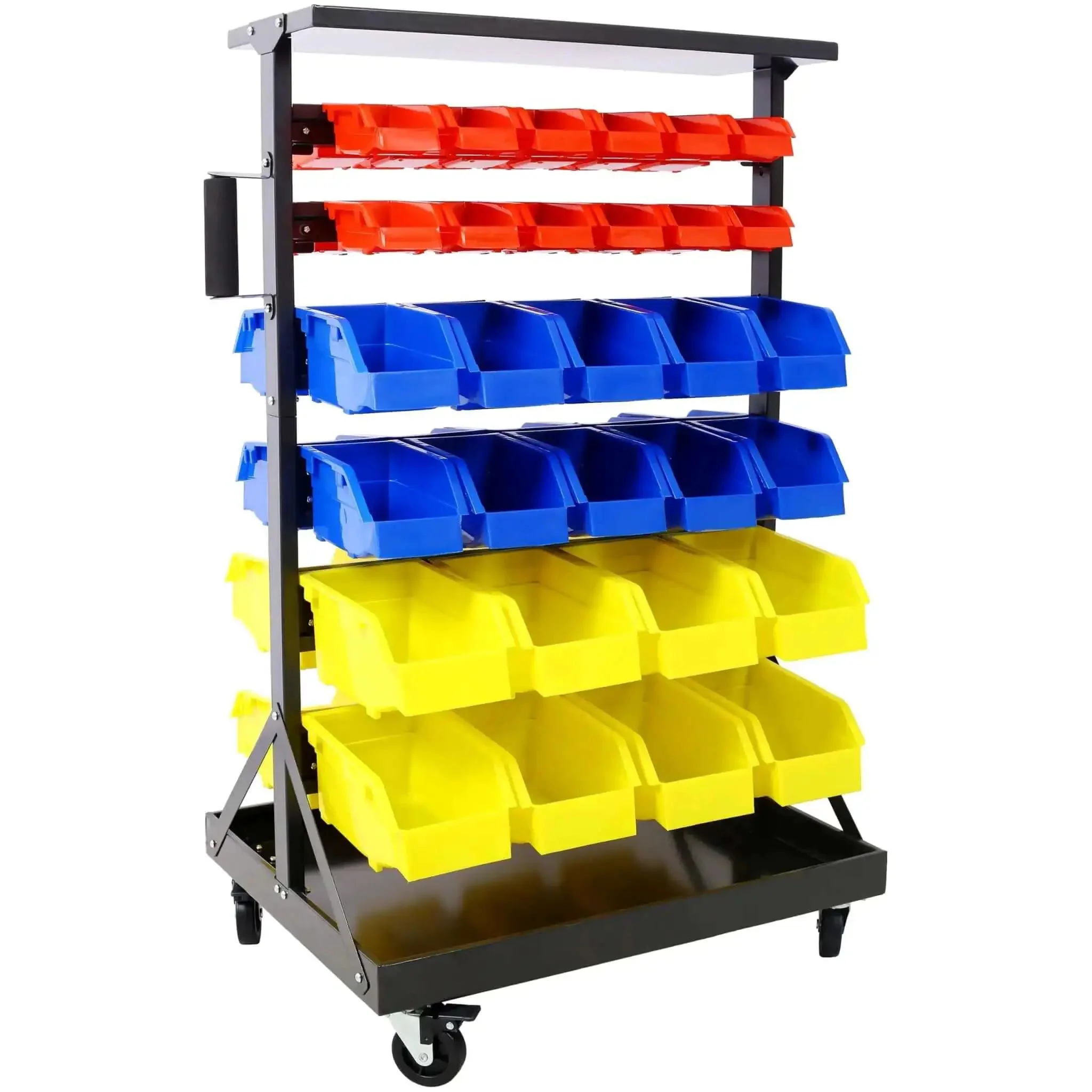 Six-Tier Dual-Sided Storage Organizer Rolling Bin Rack With Sixty Plastic Bins, Heavy-Duty Steel Frame On Wheels For Garage, Workshop, Office And DIY Projects