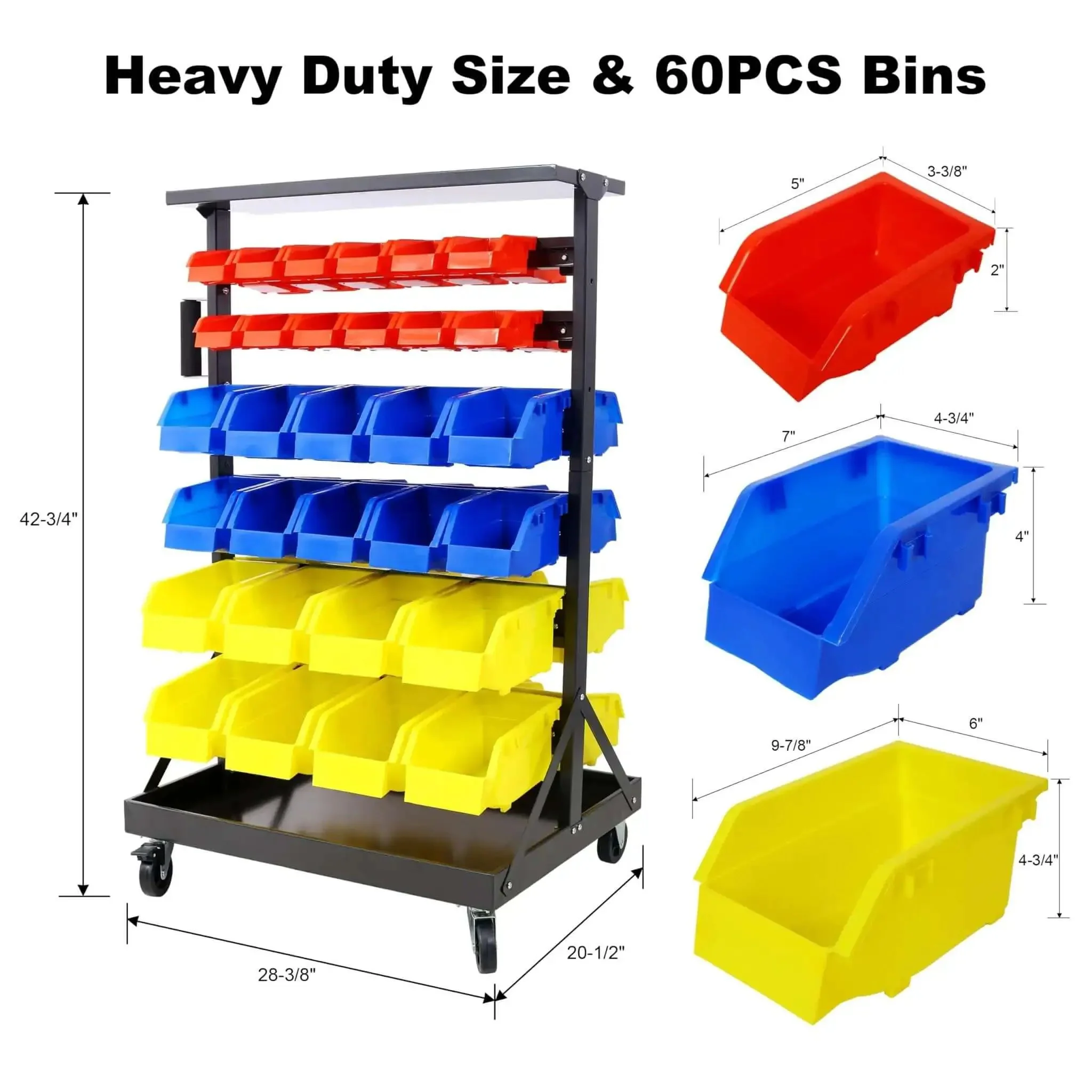 Six-Tier Dual-Sided Storage Organizer Rolling Bin Rack With Sixty Plastic Bins, Heavy-Duty Steel Frame On Wheels For Garage, Workshop, Office And DIY Projects - Image 9