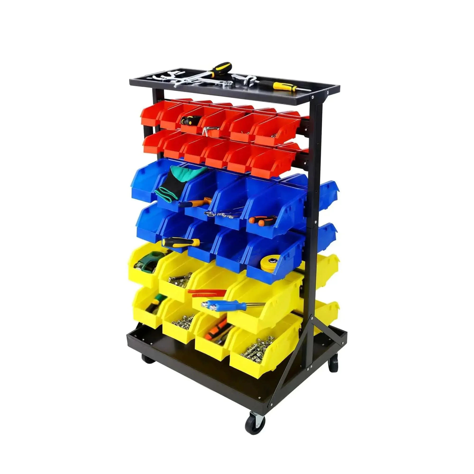 Six Tier Rolling Bin Storage Rack With Sixty Color Coded Bins On Smooth Wheels Dual Sided Parts Organizer With Top Tray Heavy Duty Steel Frame And 350 Lb Capacity Ideal For Garage Workshop And Utility Space
