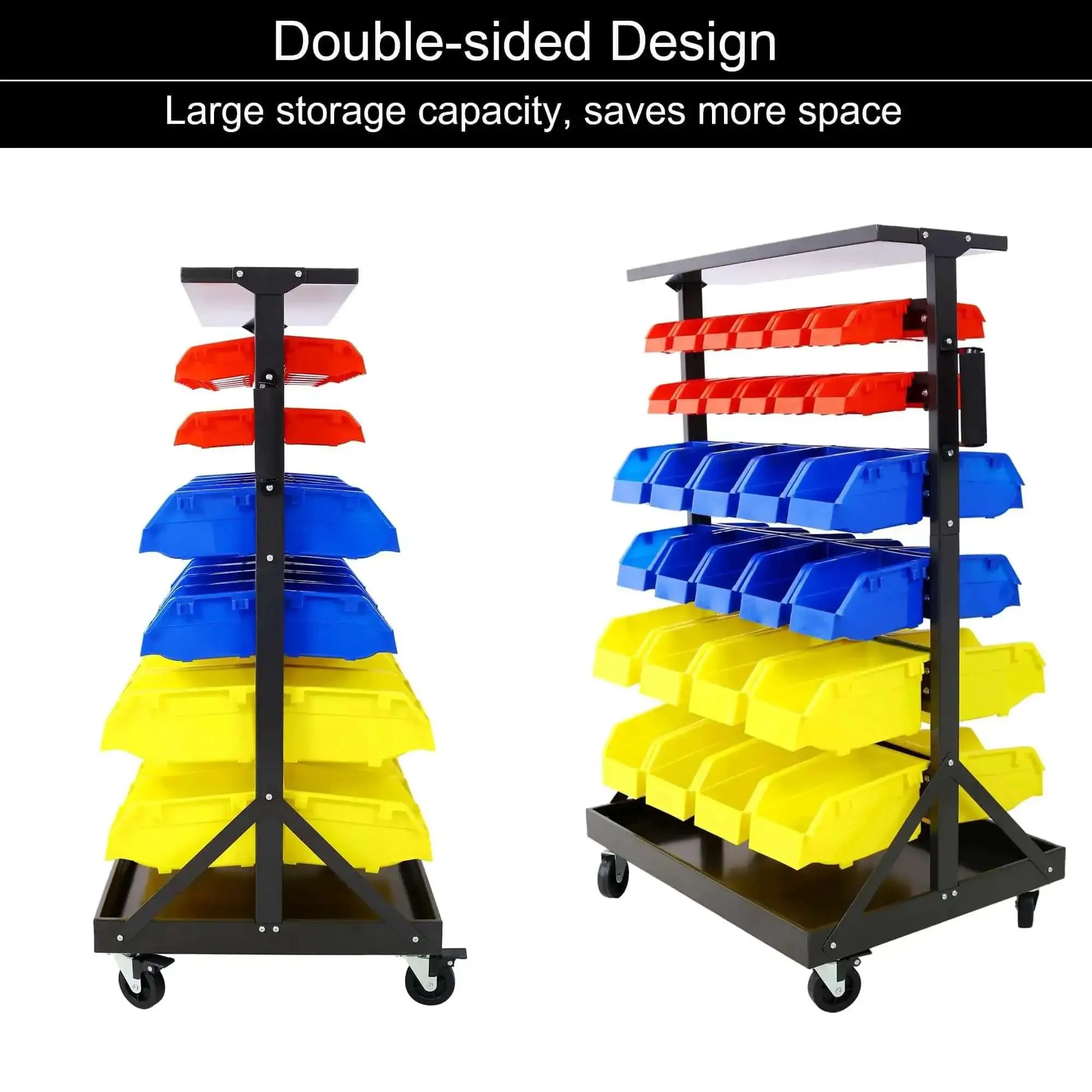 Six Tier Rolling Bin Storage Rack With Sixty Color Coded Bins On Smooth Wheels Dual Sided Parts Organizer With Top Tray Heavy Duty Steel Frame And 350 Lb Capacity Ideal For Garage Workshop And Utility Space - Image 7