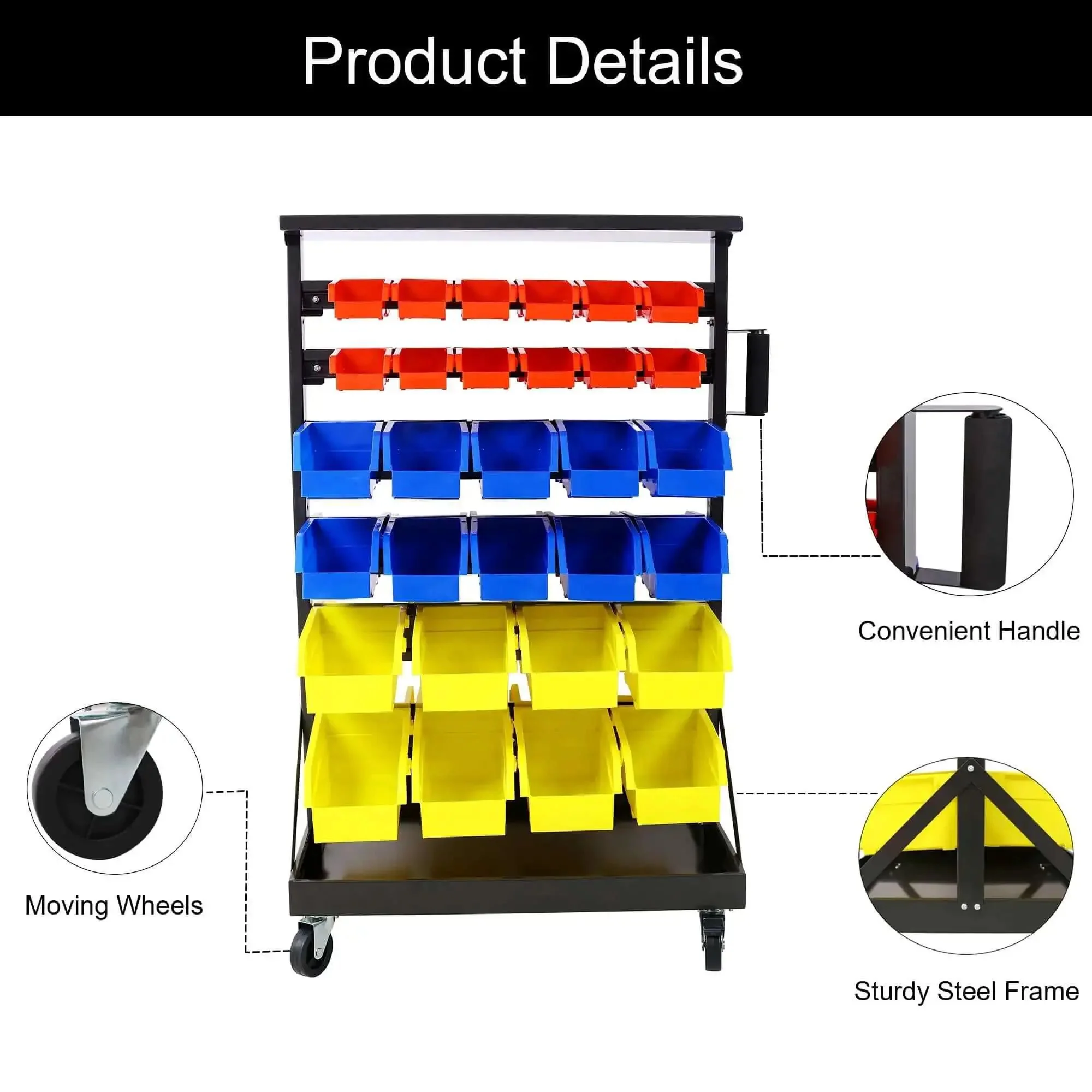 Six Tier Rolling Bin Storage Rack With Sixty Color Coded Bins On Smooth Wheels Dual Sided Parts Organizer With Top Tray Heavy Duty Steel Frame And 350 Lb Capacity Ideal For Garage Workshop And Utility Space - Image 8