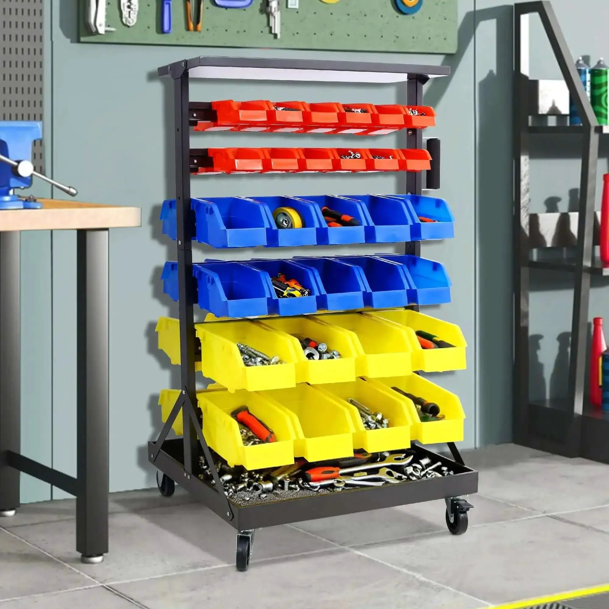 Six Tier Rolling Bin Storage Rack With Sixty Color Coded Bins On Smooth Wheels Dual Sided Parts Organizer With Top Tray Heavy Duty Steel Frame And 350 Lb Capacity Ideal For Garage Workshop And Utility Space - Image 9