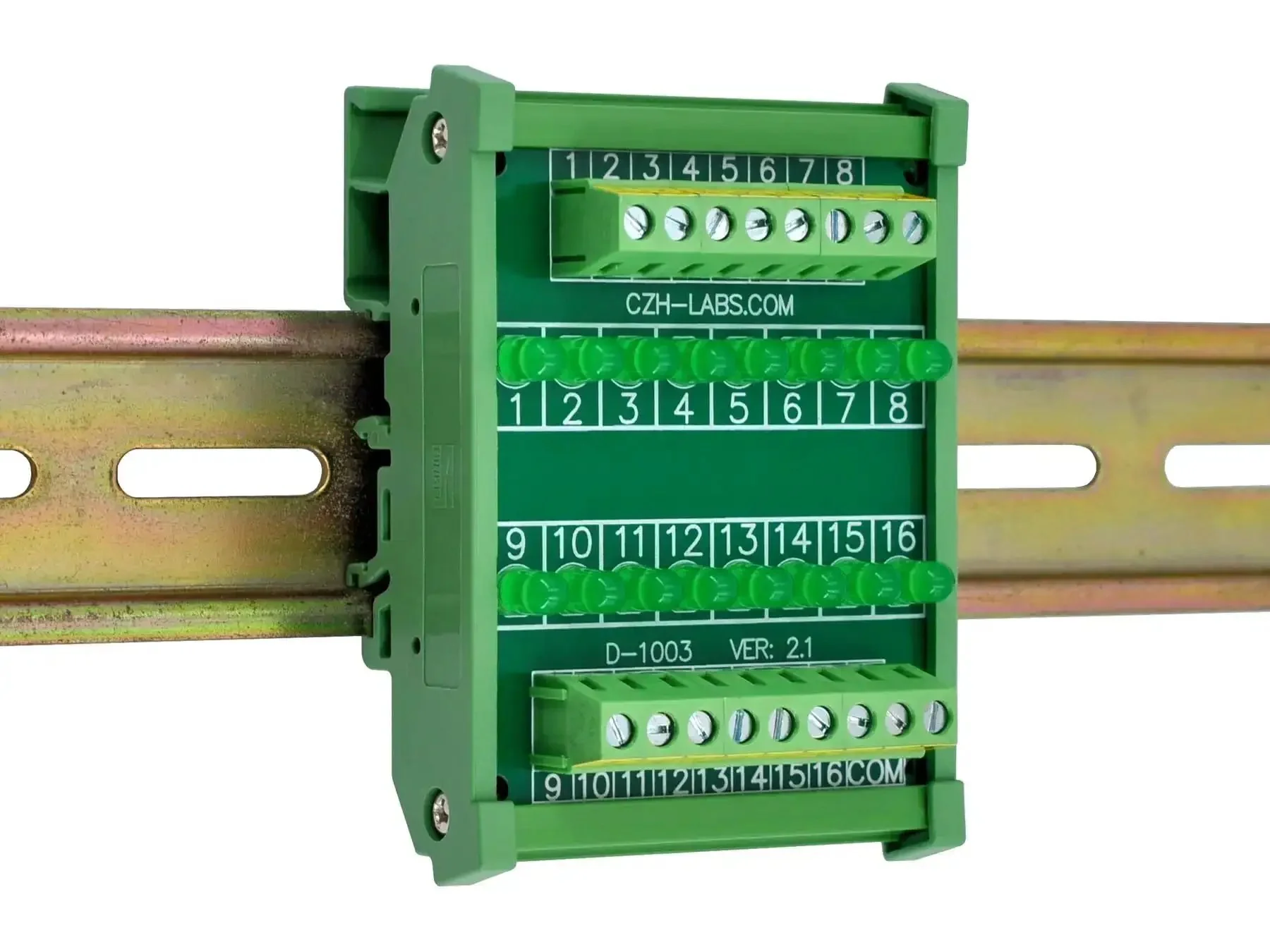 Sixteen Channel Green LED Indicator Light Module For DIN Rail Mount 5 To 50V DC Common Positive And Negative, 5mm LEDs, 5.0mm Screw Terminal Blocks, Easy Hookup For 26 To 12 AWG Wire, 7mm Strip - Image 2