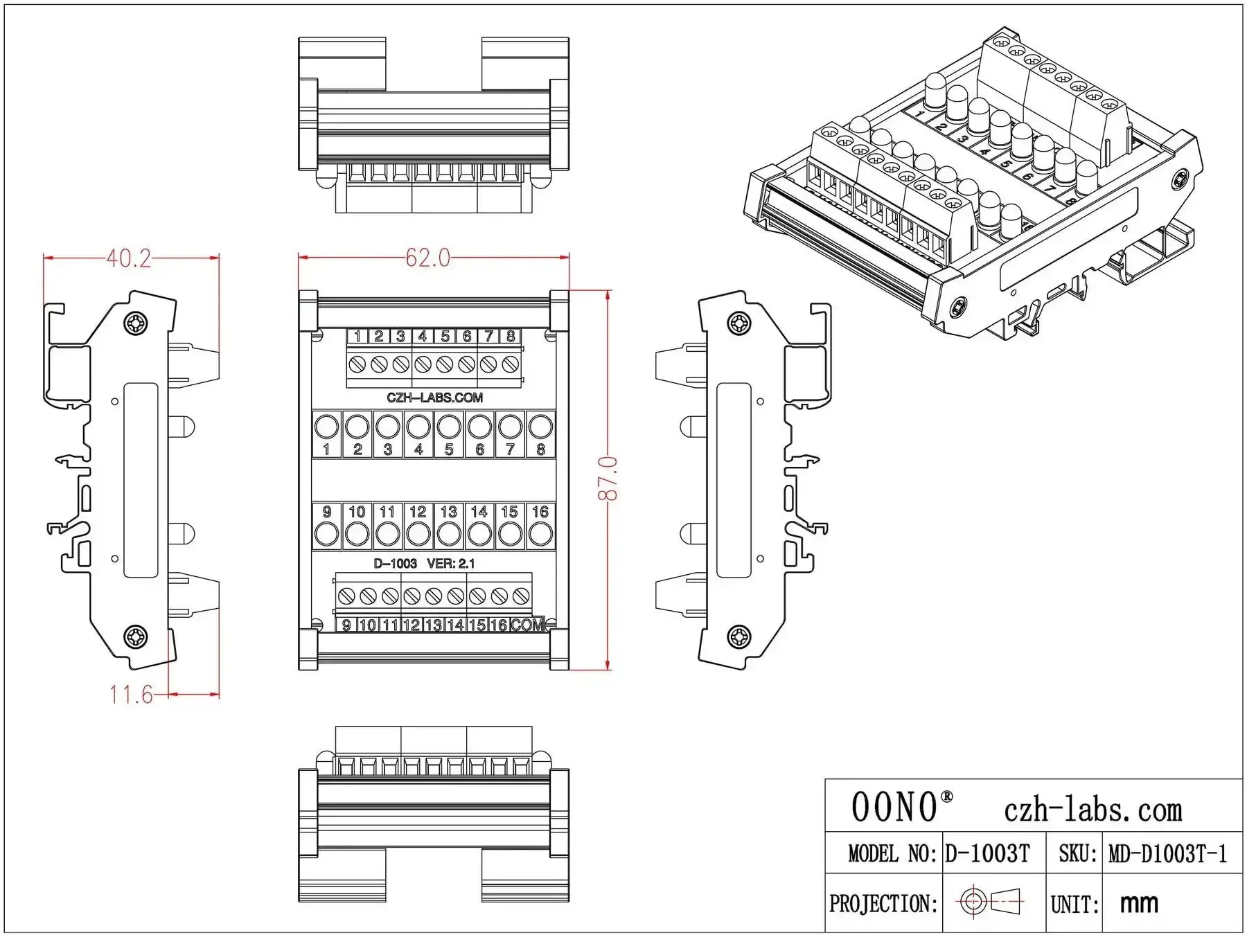 Sixteen Channel Green LED Indicator Light Module For DIN Rail Mount 5 To 50V DC Common Positive And Negative, 5mm LEDs, 5.0mm Screw Terminal Blocks, Easy Hookup For 26 To 12 AWG Wire, 7mm Strip - Image 3