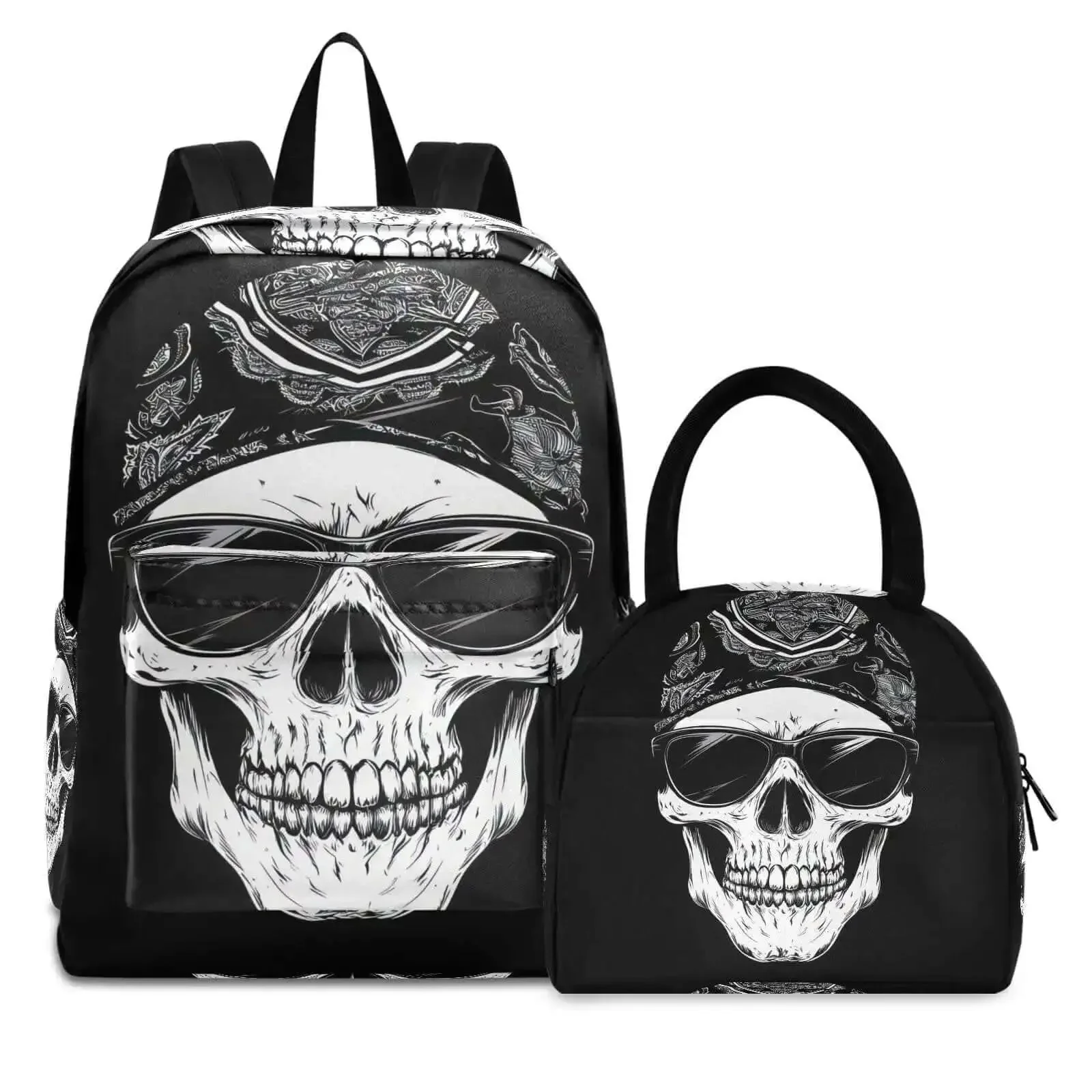 Skull Design Backpack With Insulated Cooler Lunch Box Lightweight Laptop Backpack Fits 15.6 Inch For Women And Men Daypack For Work Travel Book Bag Scratch Resistant Nylon