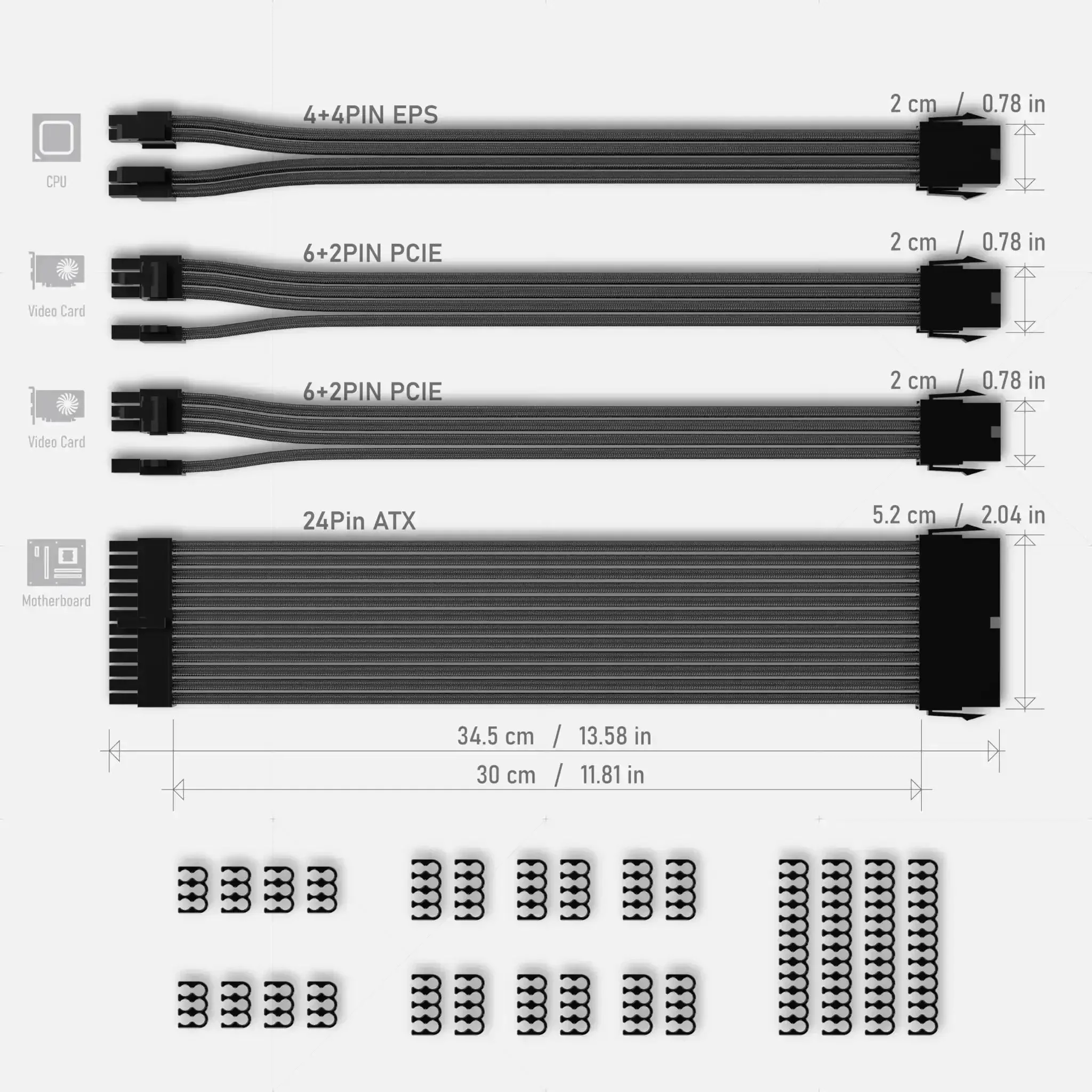 Sleeved PSU Cable Extension Kit For PC Builds With Nylon Braided Wires 24 Pin To 6 Plus 2 Pin And 8 Pin To 4 Plus 4 Pin 30 Cm Long Black ATX 3.0 Compatible High Efficiency GPU Power Cable Extension With Comb - Image 2