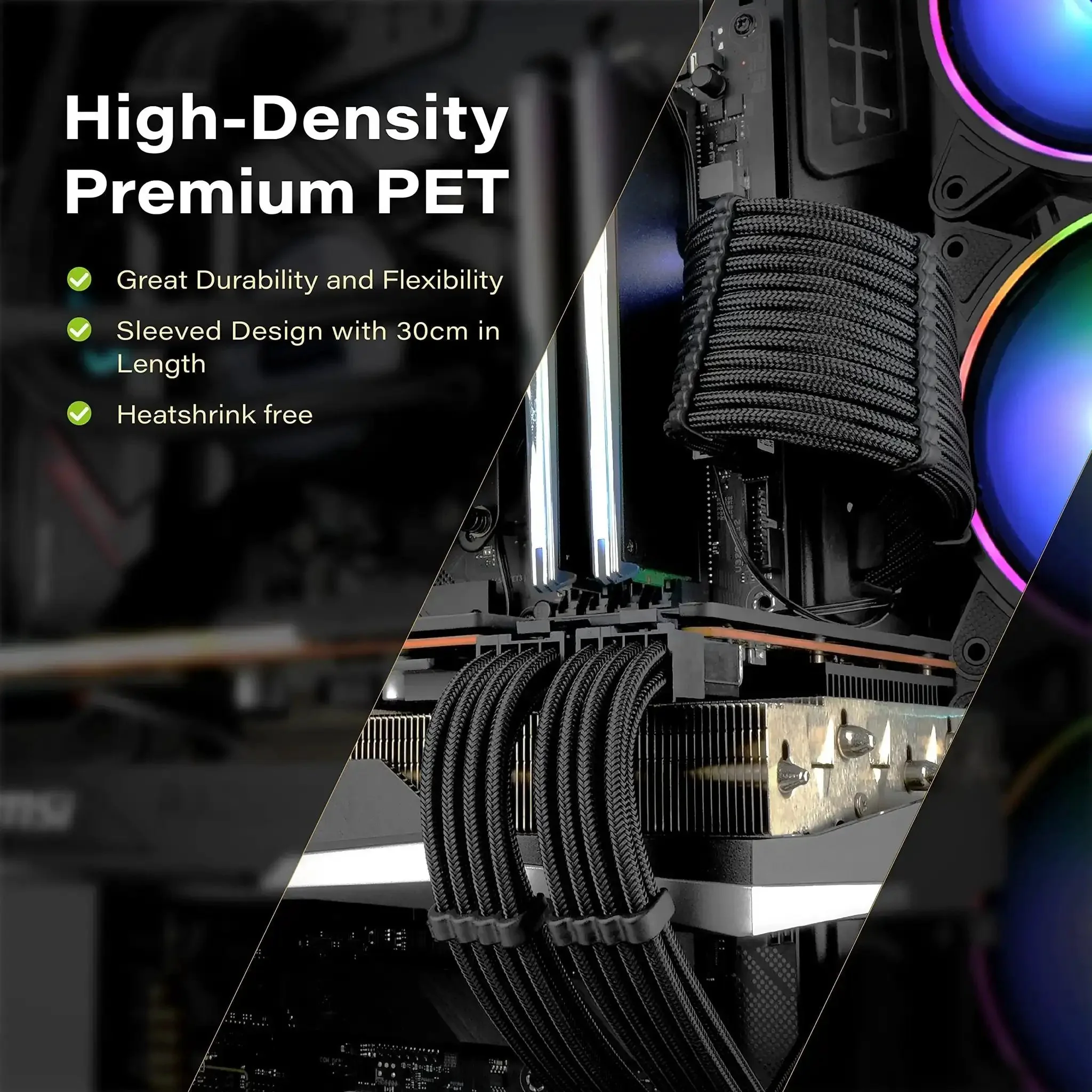 Sleeved PSU Cable Extension Kit For PC Builds With Nylon Braided Wires 24 Pin To 6 Plus 2 Pin And 8 Pin To 4 Plus 4 Pin 30 Cm Long Black ATX 3.0 Compatible High Efficiency GPU Power Cable Extension With Comb - Image 4