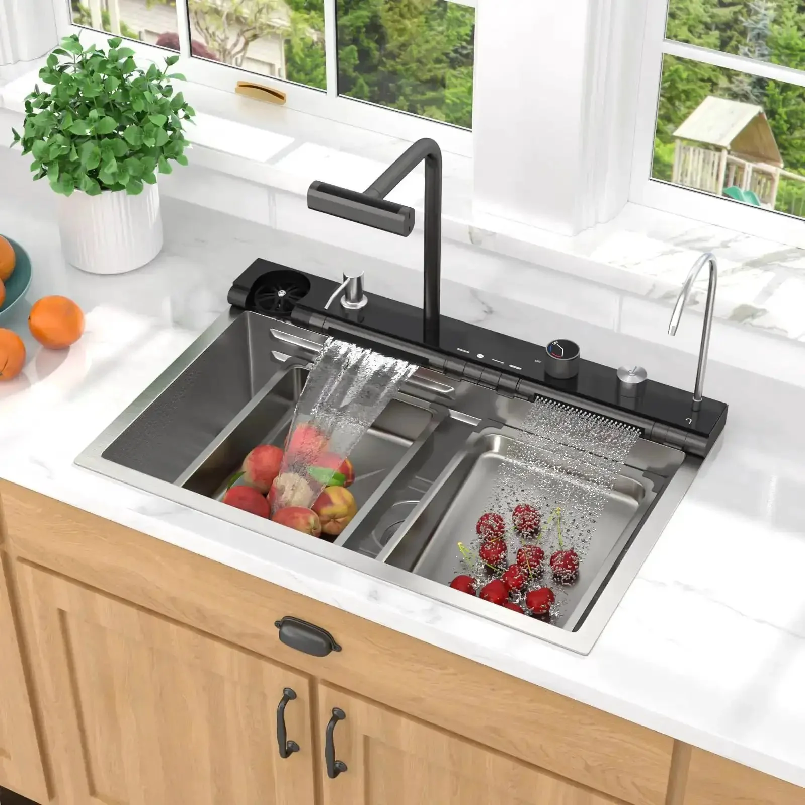 Slick Smart Waterfall 30 Inch Drop In Kitchen Sink With Single Bowl, 16 Gauge 304 Stainless Steel Workstation, Mechanical Control Panel, And Pull Down Faucet For Renovation Or New Home Upgrades - Image 9