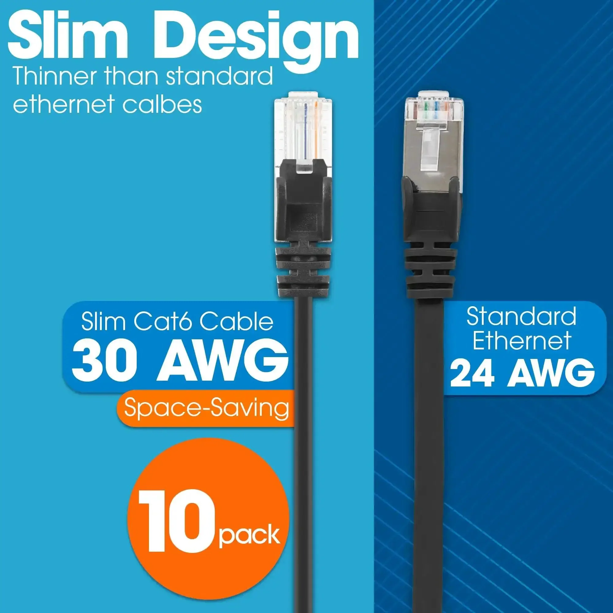 Slim Cat6 Ethernet Patch Cable 3ft 10 Pack Snagless Boot High Speed Network Cable 10Gbps 250MHz 30AWG Pure Bare Copper Gold Plated Contacts With Lifetime Warranty Black - Image 9