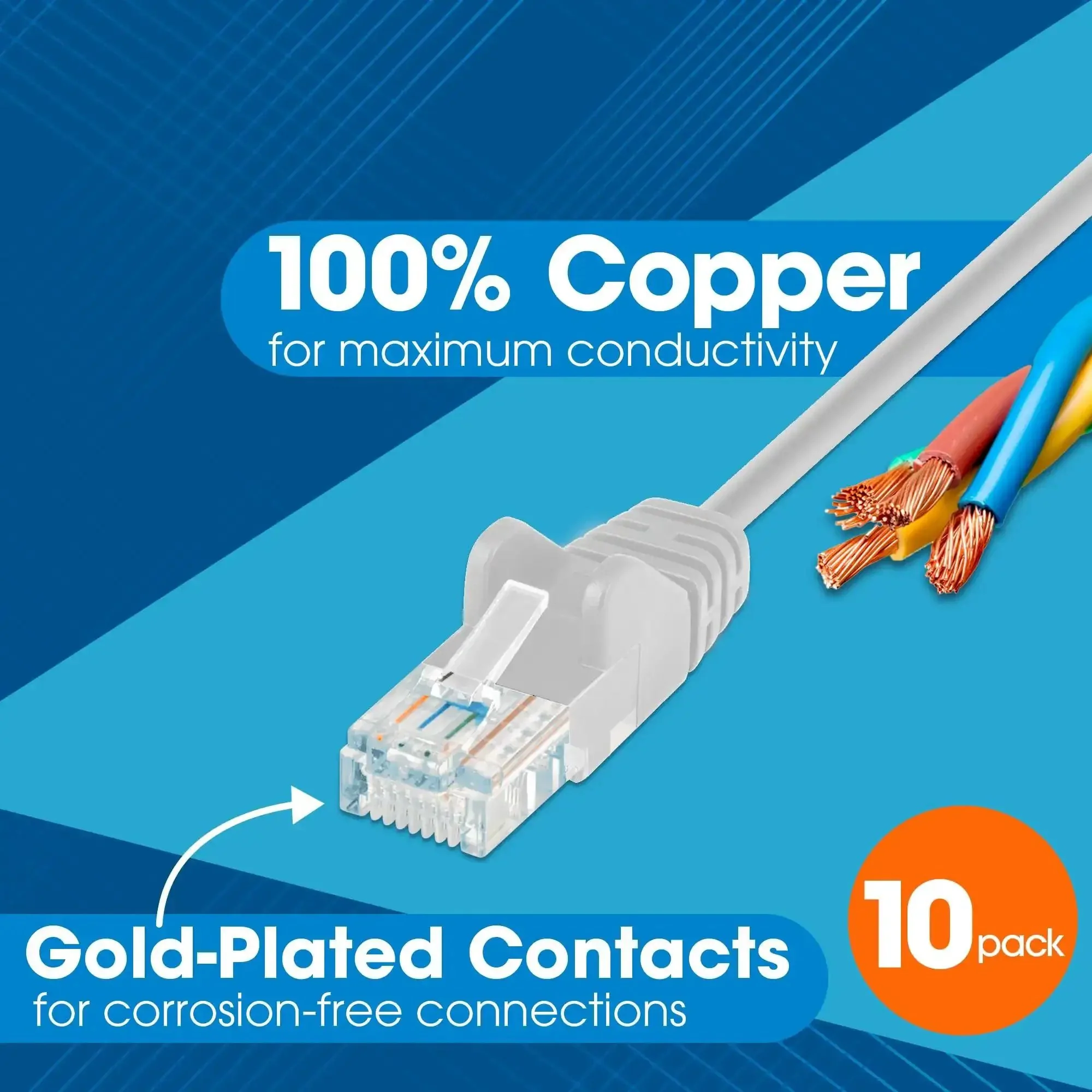 Slim Cat6 Ethernet Patch Cables 3 Ft, 10-Pack, 250 MHz, Snagless Boot, 30 AWG Bare Copper, Gold Plated Contacts, White, Lifetime Warranty, Great for Tight Cabinet Space and Corner Runs in Racks - Image 7