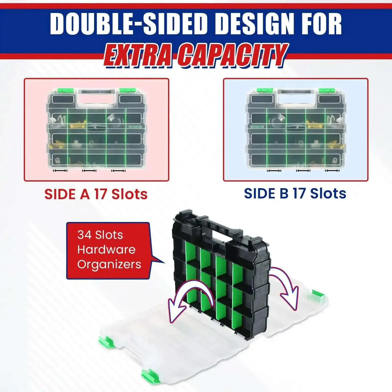 Small Parts Organizer And Hardware Storage Box Set Double Sided 34 Compartment Organizer With 24 Removable Dividers 2 Pack Green Grab And Go Ready For Screws Nuts Bolts Craft Tackle And DIY Projects - Image 4