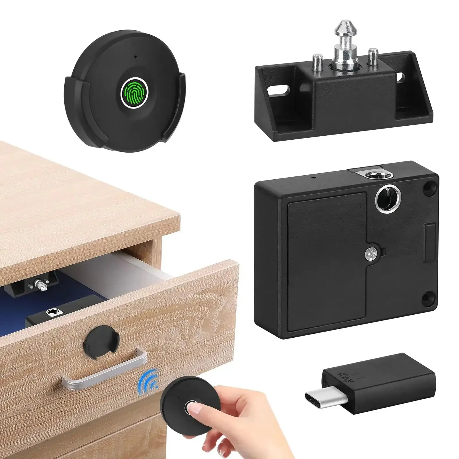 Smart Cabinet Lock With Fingerprint, Remote Unlock, And USB Key Backup, Holeless Installation For Home Office Closet And File Drawers, 10 Meter Range, No Hassle Keyless Hidden Locker Security For Wardrobe