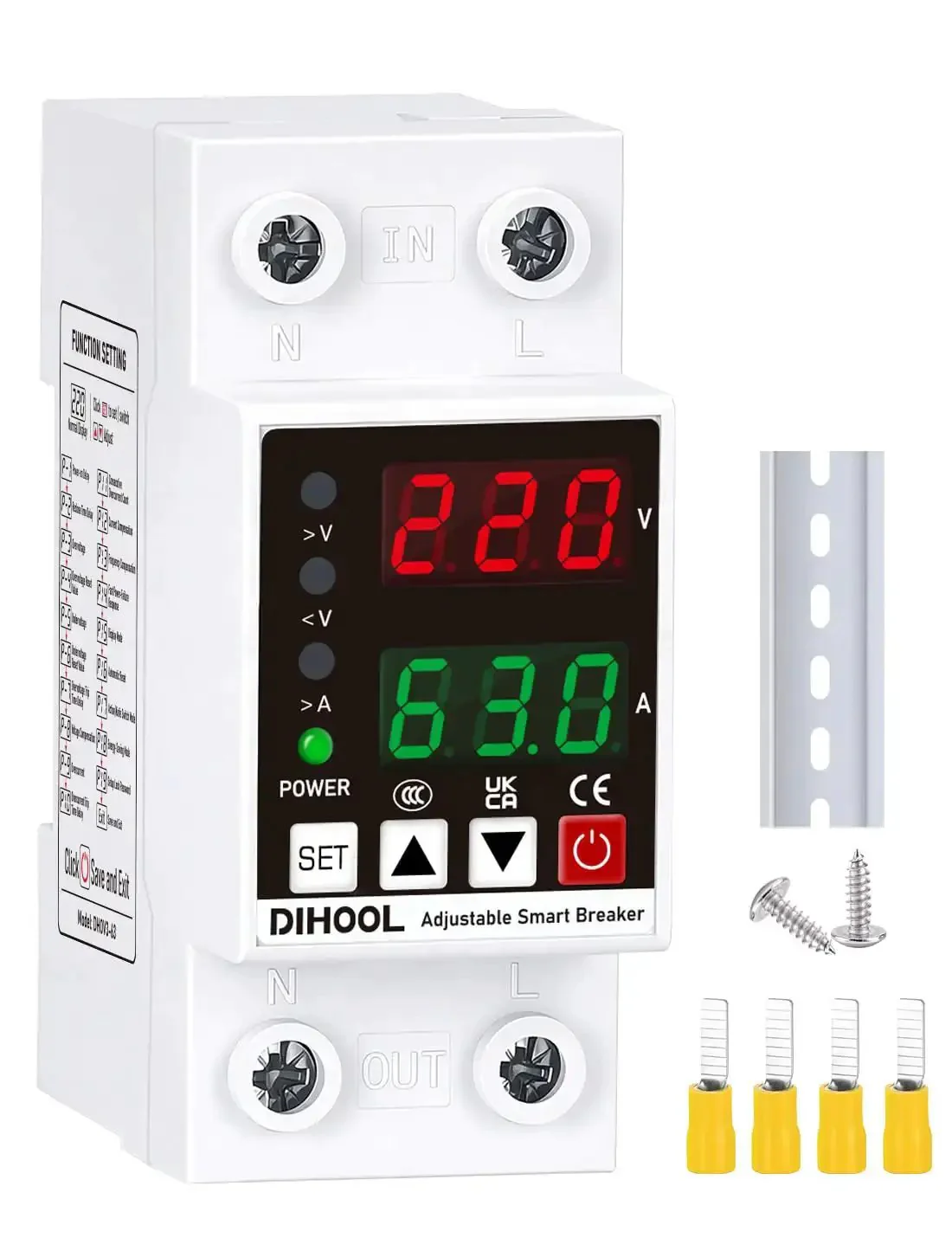 Smart Circuit Breaker With Adjustable Voltage Protection 70-200V Low Cutoff, 140-300V High Cutoff, 1-63A Overcurrent Protector AC Disconnect Switch DIN Rail Mount 19 Customizable Presets For Precise Electrical Safety