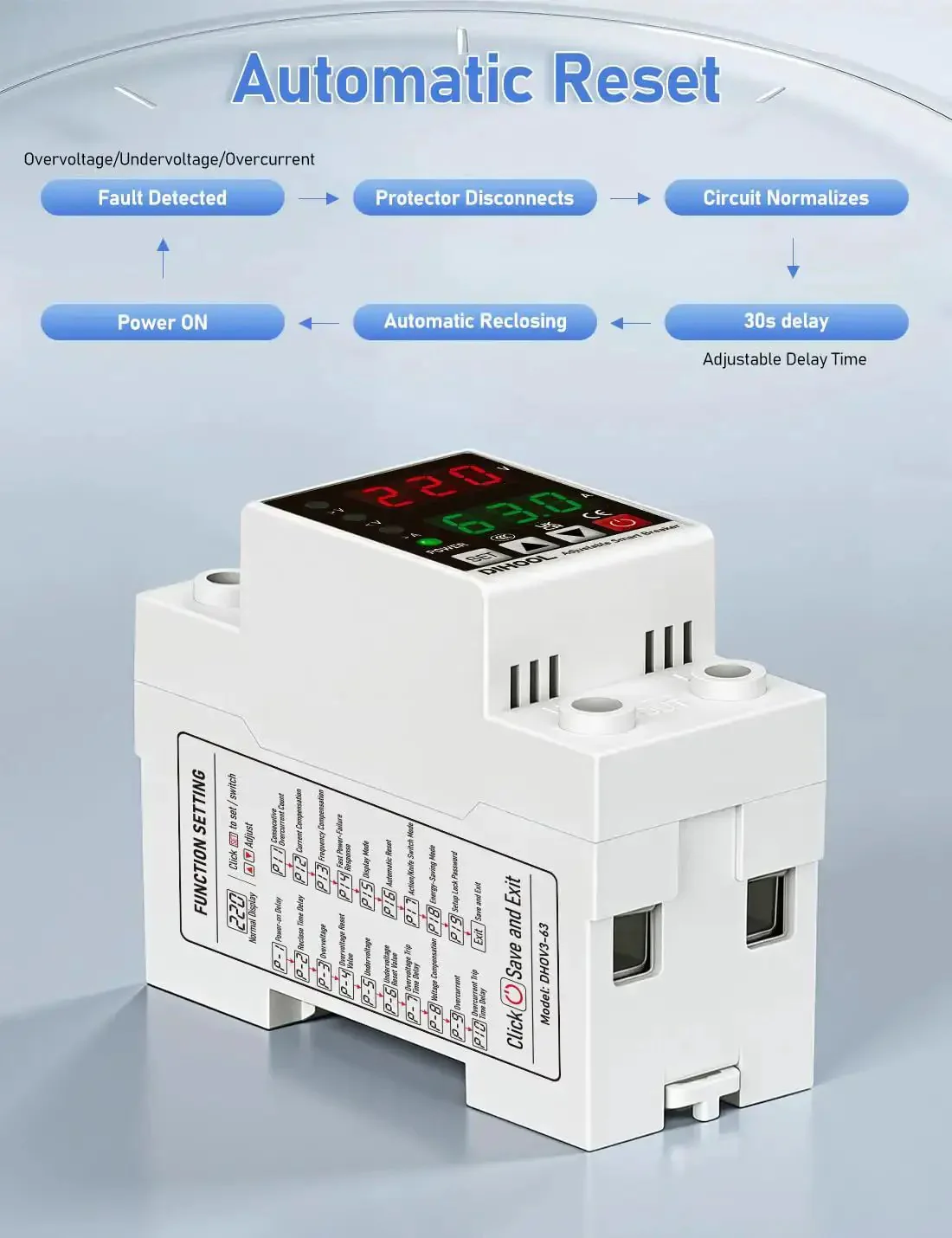 Smart Circuit Breaker With Adjustable Voltage Protection 70-200V Low Cutoff, 140-300V High Cutoff, 1-63A Overcurrent Protector AC Disconnect Switch DIN Rail Mount 19 Customizable Presets For Precise Electrical Safety - Image 4