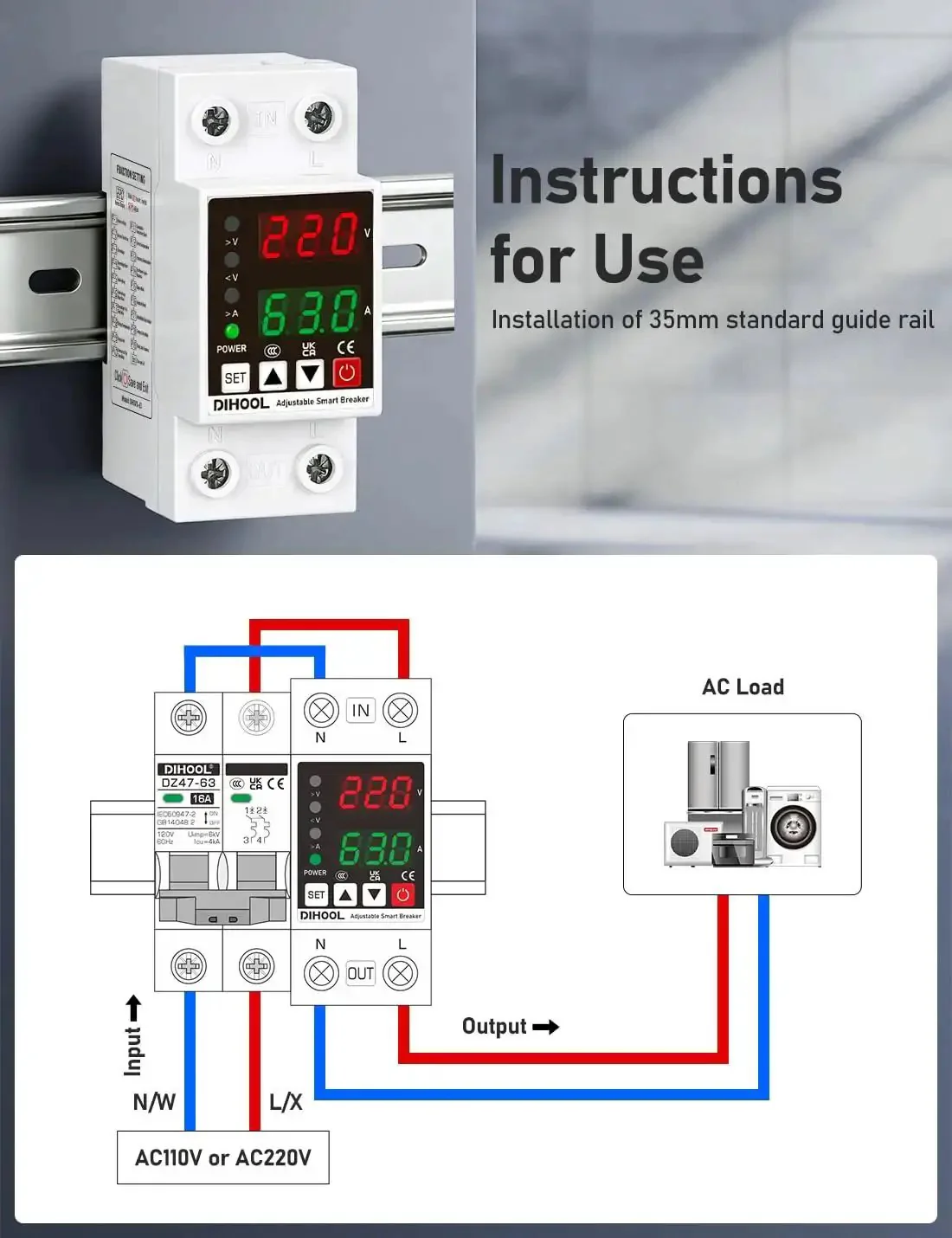 Smart Circuit Breaker With Adjustable Voltage Protection 70-200V Low Cutoff, 140-300V High Cutoff, 1-63A Overcurrent Protector AC Disconnect Switch DIN Rail Mount 19 Customizable Presets For Precise Electrical Safety - Image 5