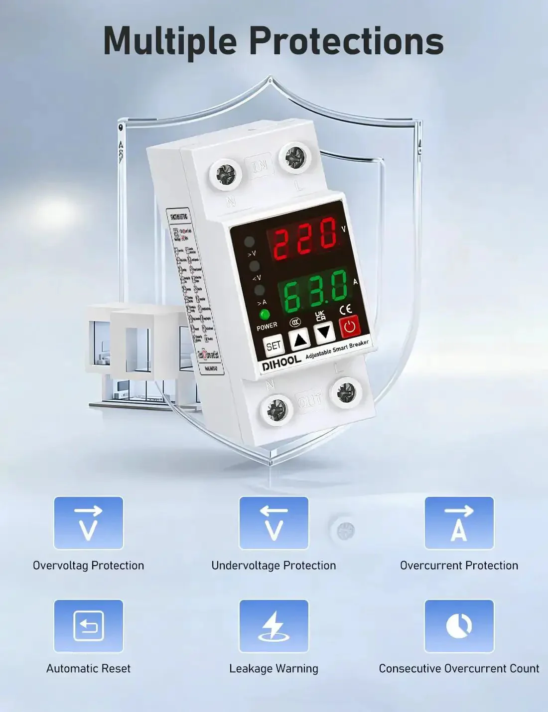 Smart Circuit Breaker With Adjustable Voltage Protection 70-200V Low Cutoff, 140-300V High Cutoff, 1-63A Overcurrent Protector AC Disconnect Switch DIN Rail Mount 19 Customizable Presets For Precise Electrical Safety - Image 6