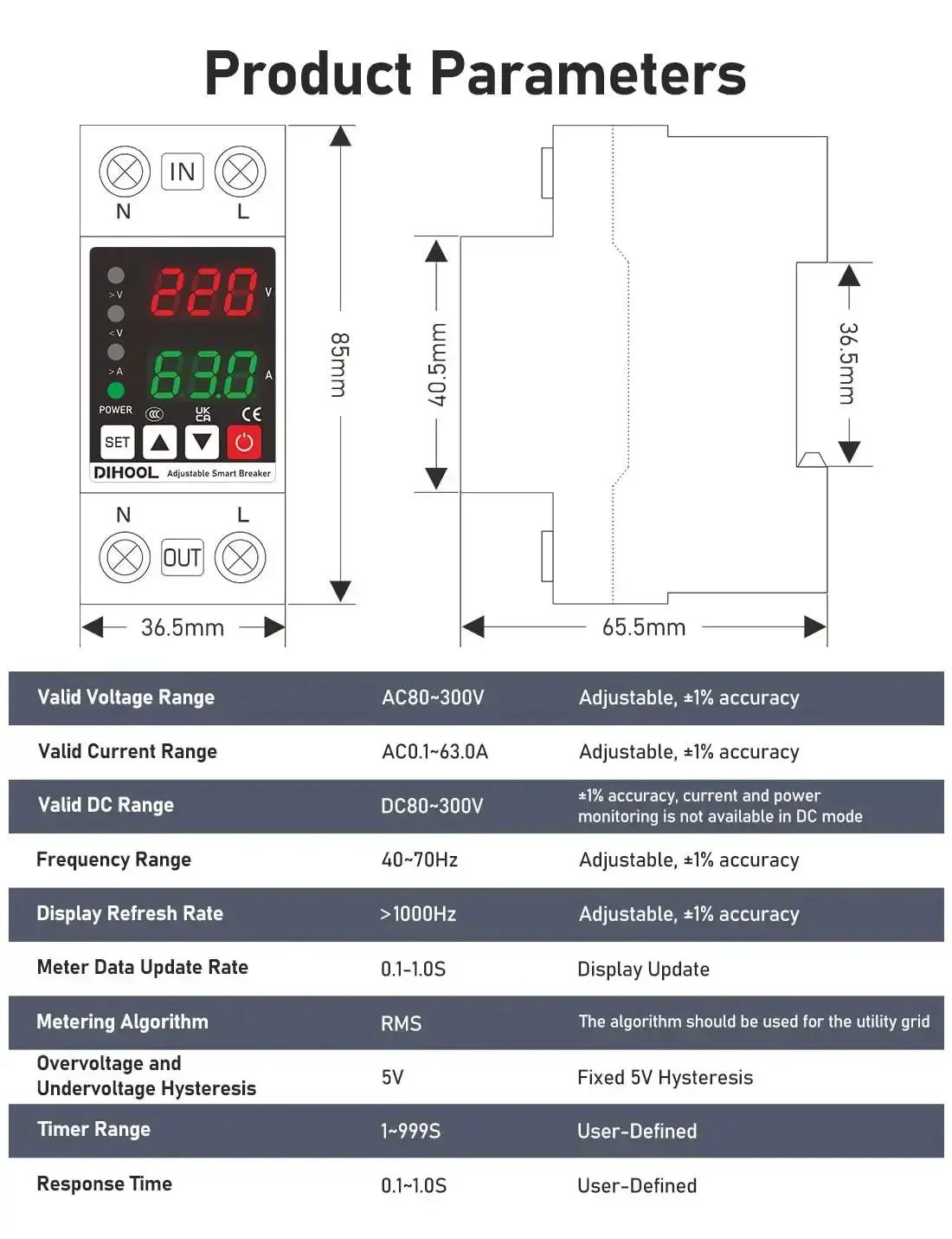 Smart Circuit Breaker With Adjustable Voltage Protection 70-200V Low Cutoff, 140-300V High Cutoff, 1-63A Overcurrent Protector AC Disconnect Switch DIN Rail Mount 19 Customizable Presets For Precise Electrical Safety - Image 9