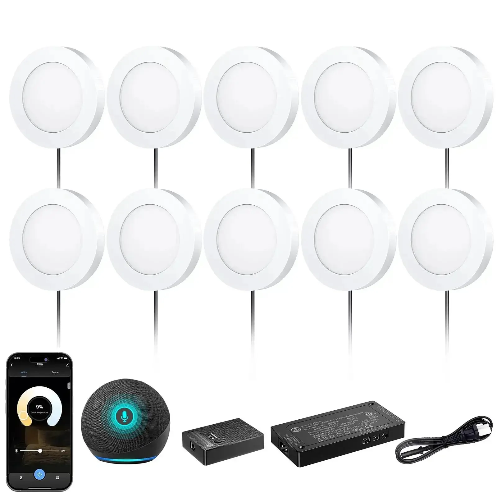 Smart Under Cabinet Lighting That Plays Nice With Alexa And Google Home App Or Remote Control Recessed Or Surface Mount Puck Lights For Kitchen Or Display Case 12V 2W Per Puck Dimmable 3000K To 6000K 10 Pack