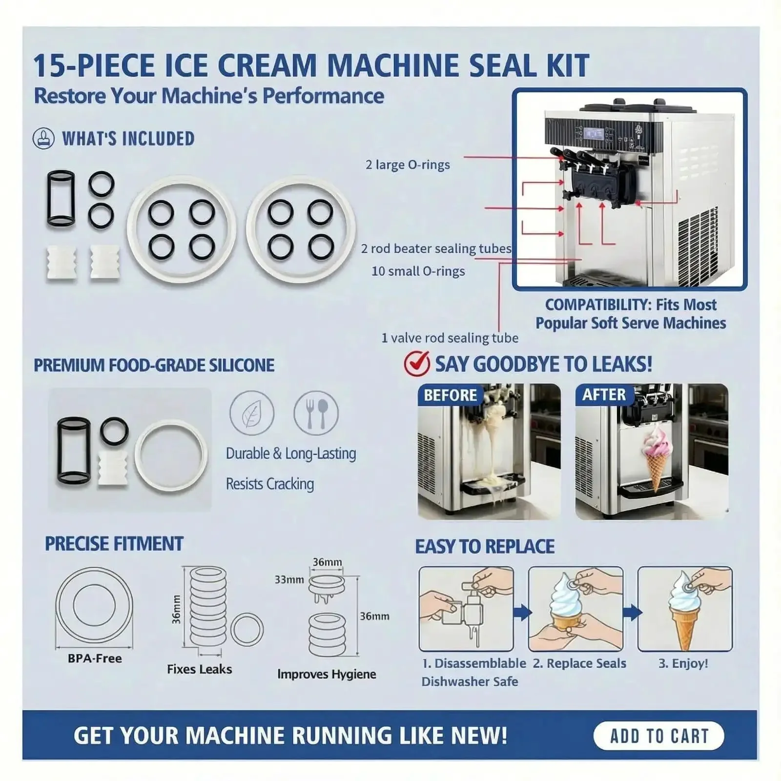 Soft Serve Ice Cream Machine Parts Kit 15-Piece Replacement Set With Gaskets O-Rings And Seals For Vevor And YIKAFU Ice Cream Makers, Pro Grade Accessories To Keep Your Machine Running Smoothly And Ready To Roll - Image 8