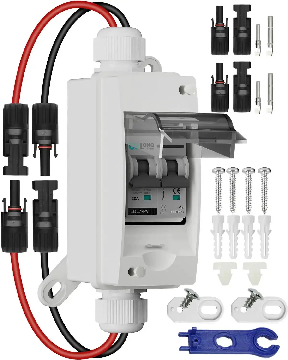 Solar Disconnect Switch 20A 1000V DC 2P Circuit Breaker Box With PV Connector IP65 Outdoor Ready Wall Hooks Included Built For Outdoor PV System Battery And PV Array MCB