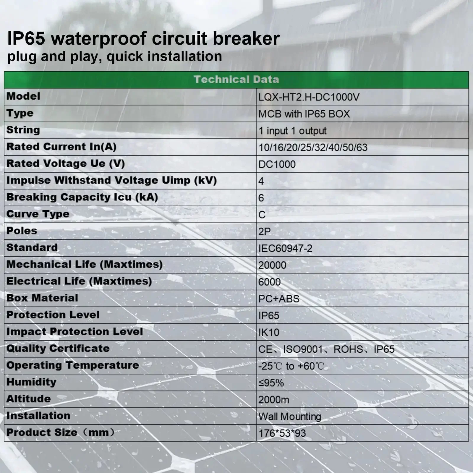 Solar Disconnect Switch 20A 1000V DC 2P Circuit Breaker Box With PV Connector IP65 Outdoor Ready Wall Hooks Included Built For Outdoor PV System Battery And PV Array MCB - Image 2