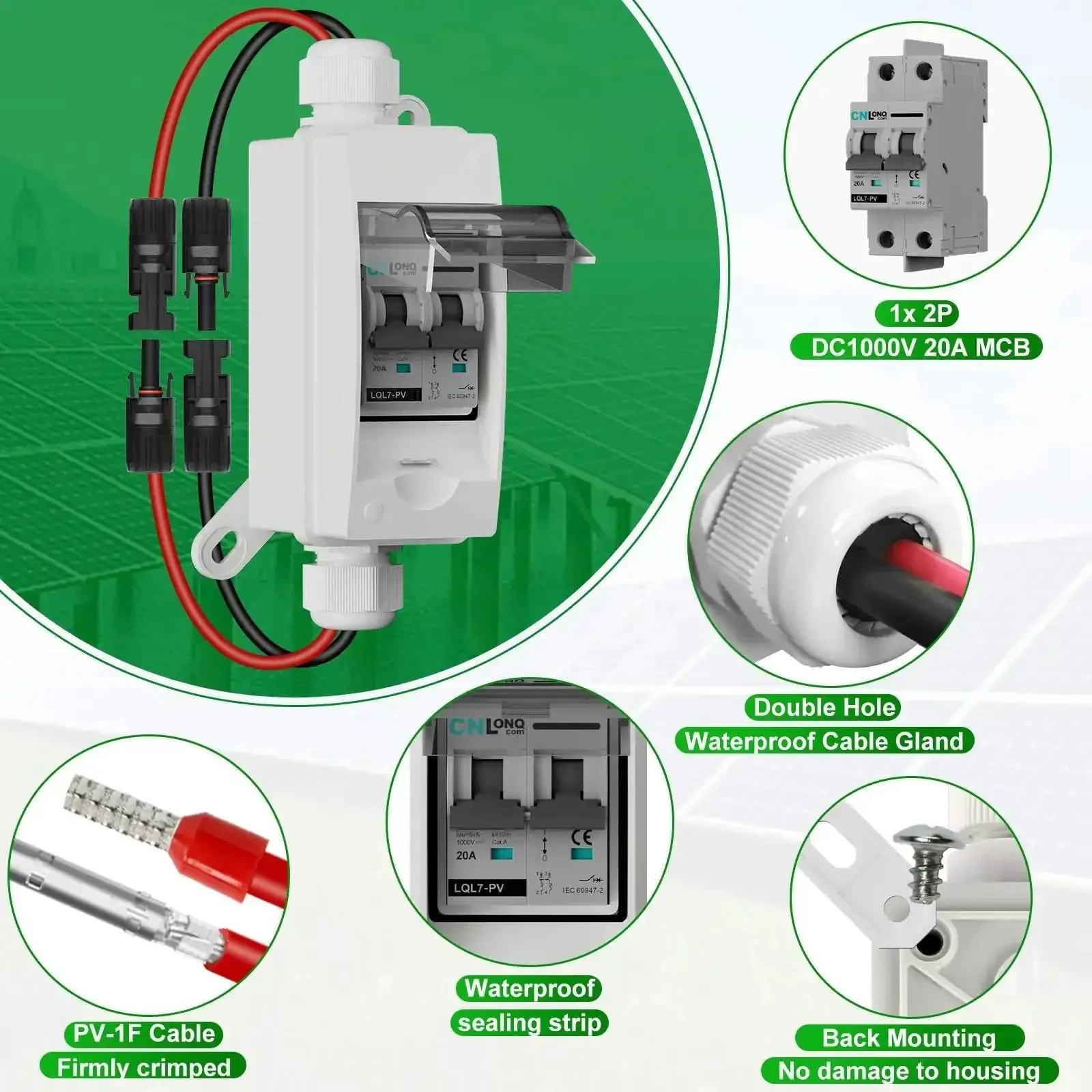 Solar Disconnect Switch 20A 1000V DC 2P Circuit Breaker Box With PV Connector IP65 Outdoor Ready Wall Hooks Included Built For Outdoor PV System Battery And PV Array MCB - Image 7