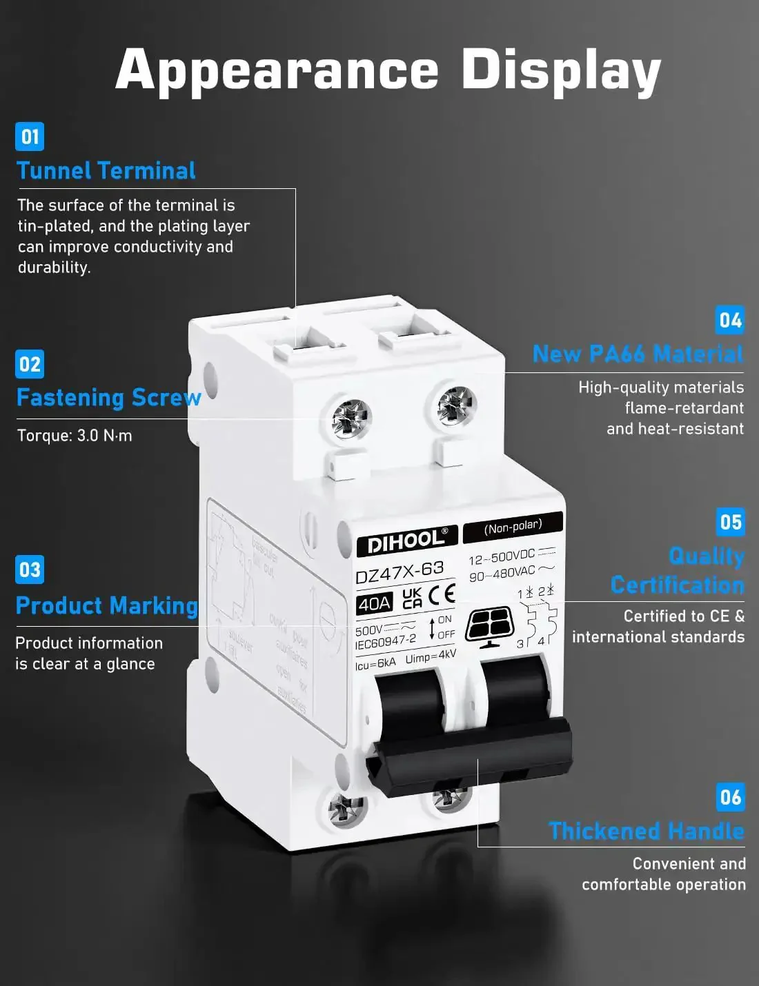 Solar Disconnect Switch 40 Amp Two Pole DIN Rail Mount Non Polarized Circuit Breaker For AC DC 12V 24V 48V 400V RV Battery Isolator PV Array MCB With Arc Squelching Magnet And Thermal Magnetic Trip - Image 8