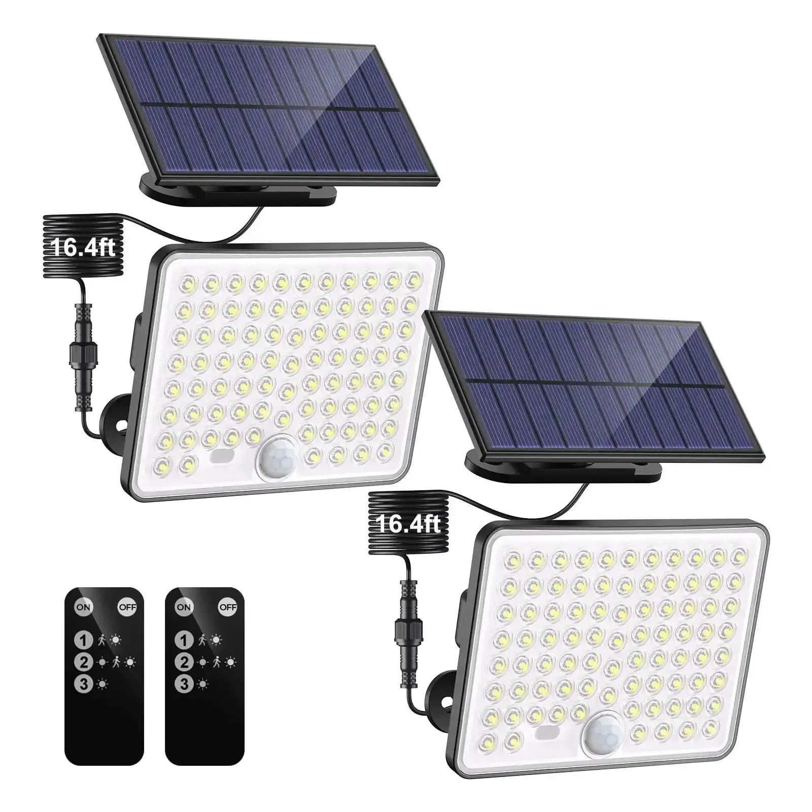 Solar Motion Lights Outdoor Two Pack, 3 Modes Security Flood Light With Remote, IP65 Waterproof Solar Flood Light With 16ft Cable, 1800mAh Battery, Quick 4Hour Charge For 12 Hours Of Beaming Night Illumination In Yard Garage Patio Porch