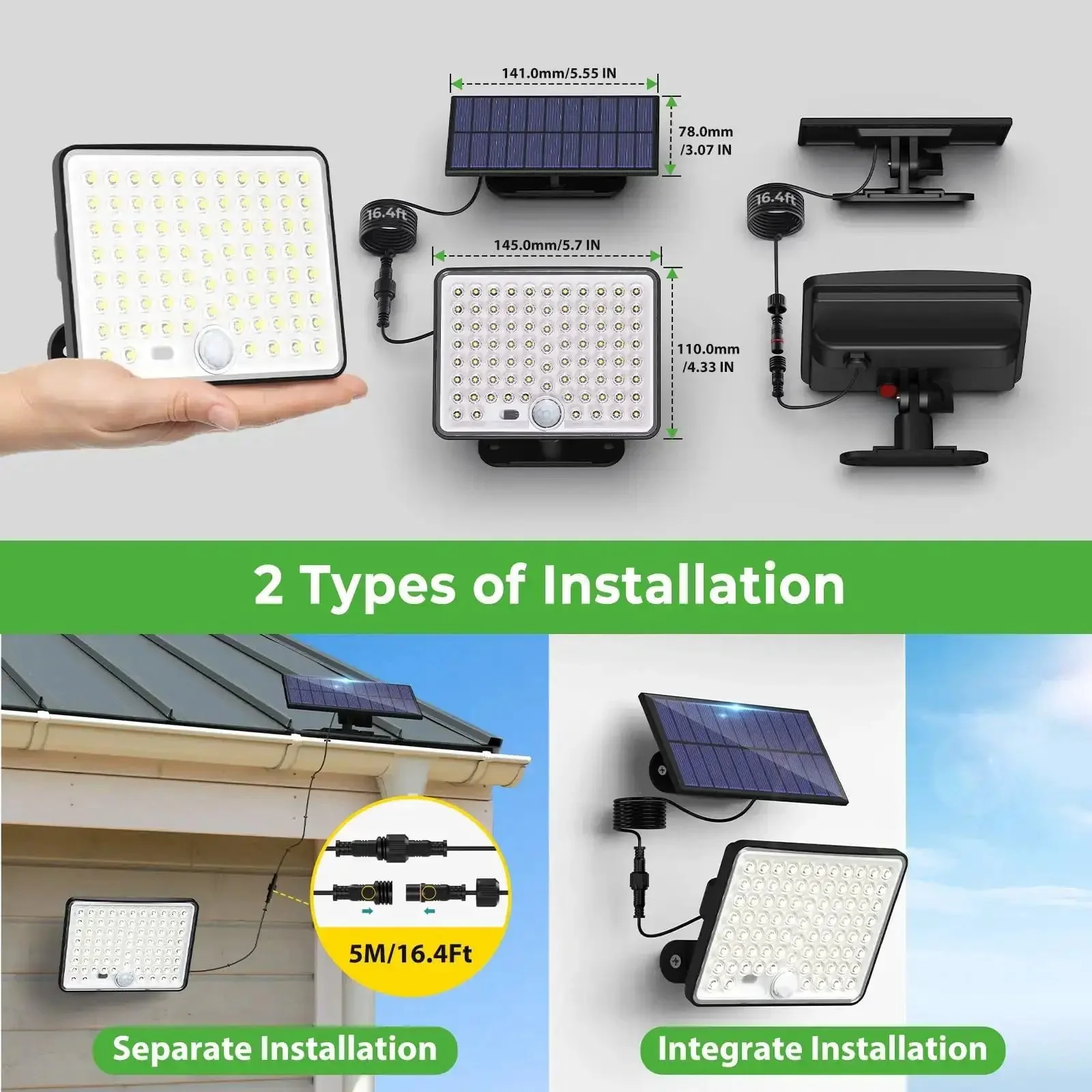 Solar Motion Lights Outdoor Two Pack, 3 Modes Security Flood Light With Remote, IP65 Waterproof Solar Flood Light With 16ft Cable, 1800mAh Battery, Quick 4Hour Charge For 12 Hours Of Beaming Night Illumination In Yard Garage Patio Porch - Image 3