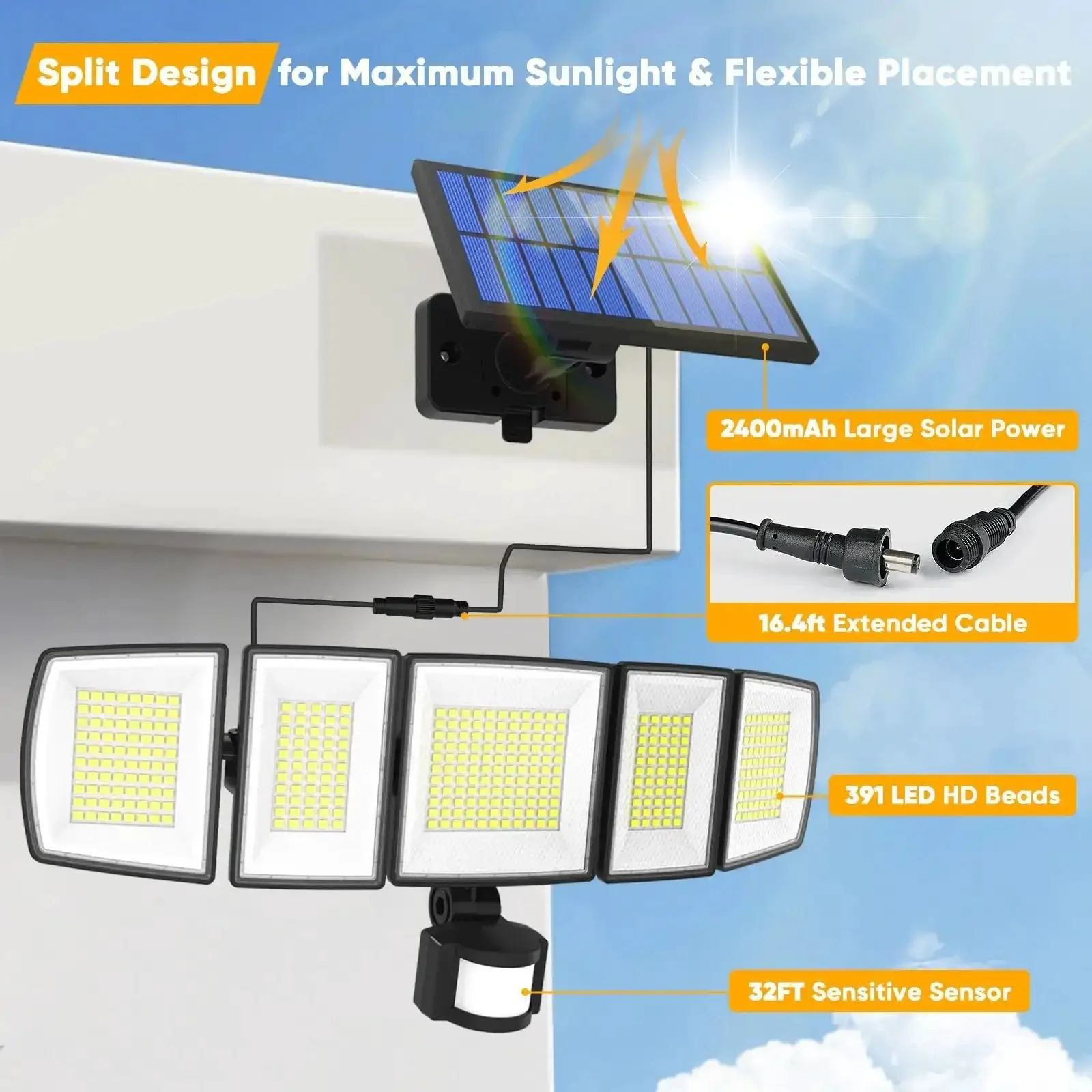 Solar Motion Lights Outdoor With Sixteen Point Four Foot Cable 3000LM LED Security Flood Lights Dusk To Dawn IP65 Waterproof With Remote For Backyard Garage Front Door Weather Resistant And Easy Install - Image 8