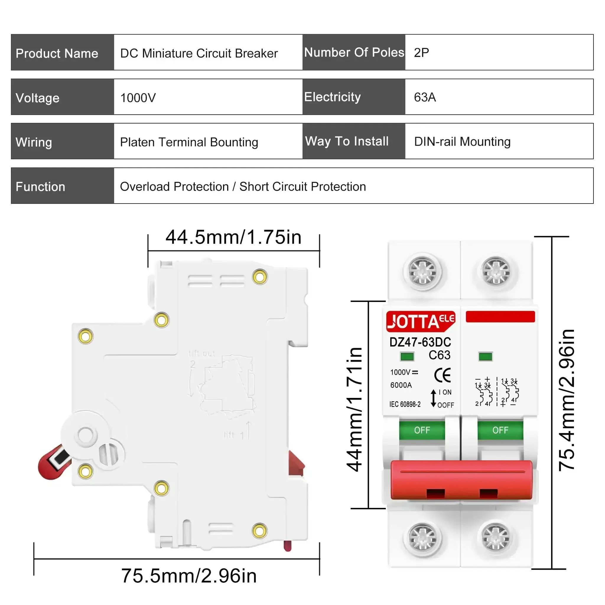 Solar Panel Disconnect Switch 2 Pole DC Circuit Breaker 63A Beefy Isolator For PV System 1000V Max Thermal Magnetic Trip DIN Rail Mount 2 Pack Fast Safe Isolation - Image 6