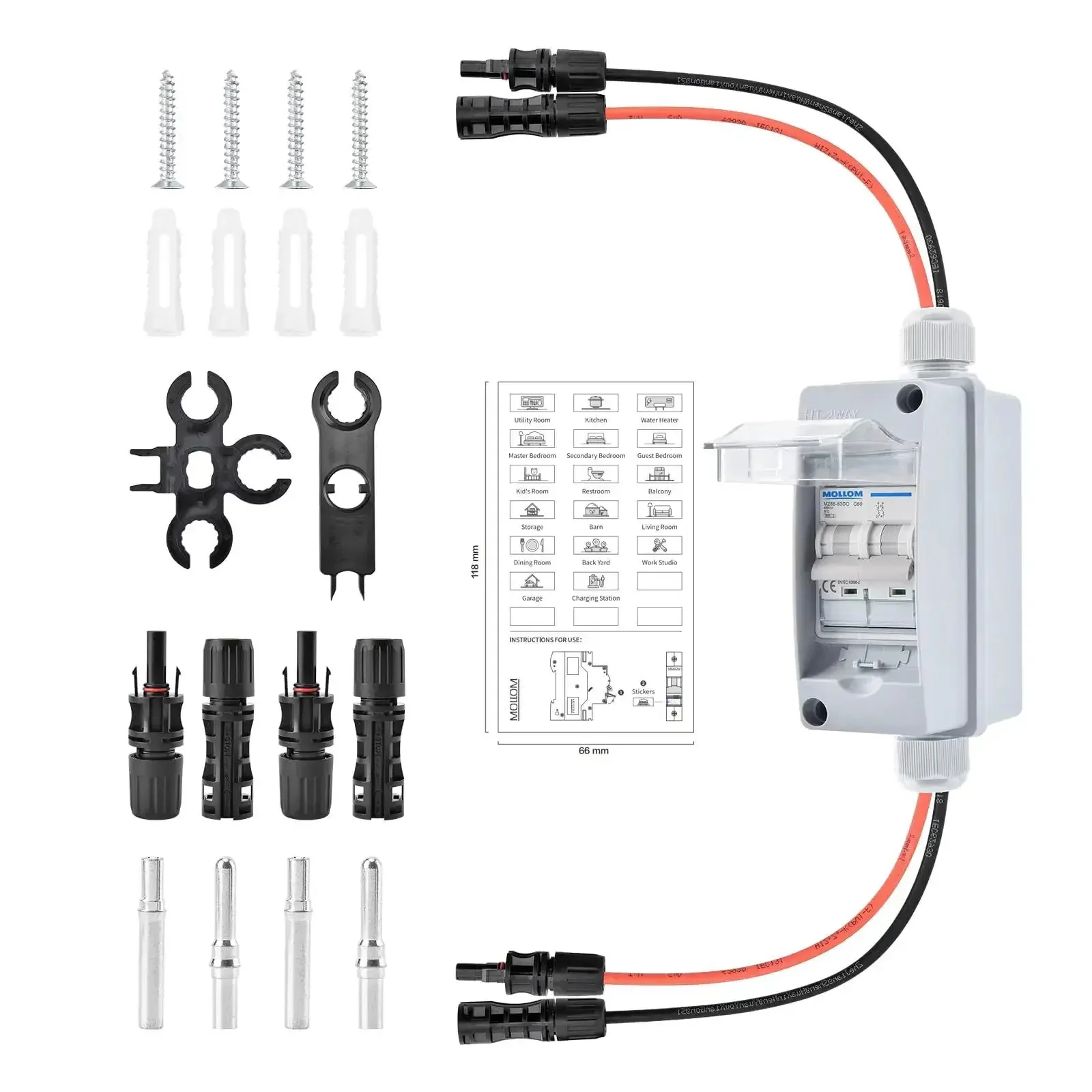 Solar Panel Disconnect Switch Gear Kit 400V 60A IP65 Breaker Box With 2P DC Miniature Circuit Breaker For PV Home Outdoor Battery System Includes Wrench Screws Terminals Solar Connectors And Extension Cables