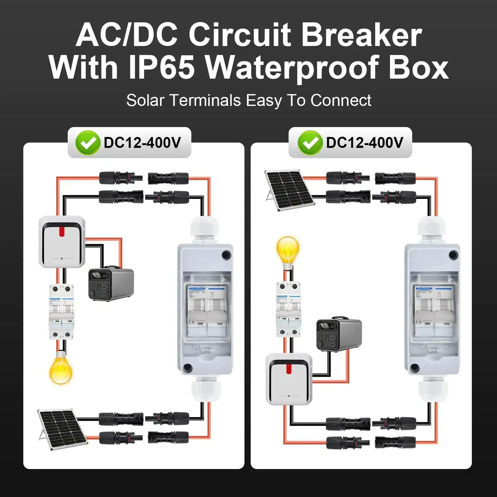 Solar Panel Disconnect Switch Gear Kit 400V 60A IP65 Breaker Box With 2P DC Miniature Circuit Breaker For PV Home Outdoor Battery System Includes Wrench Screws Terminals Solar Connectors And Extension Cables - Image 5
