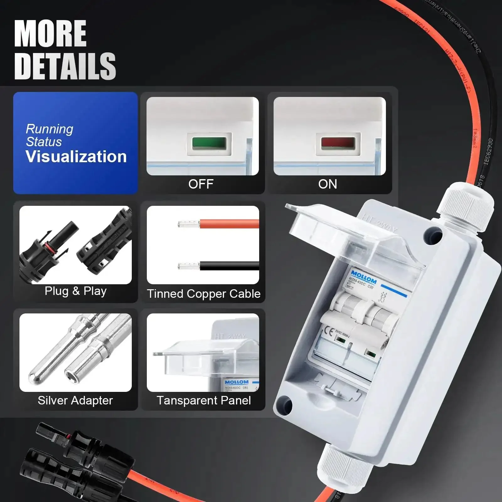 Solar Panel Disconnect Switch Gear Kit 400V 60A IP65 Breaker Box With 2P DC Miniature Circuit Breaker For PV Home Outdoor Battery System Includes Wrench Screws Terminals Solar Connectors And Extension Cables - Image 6