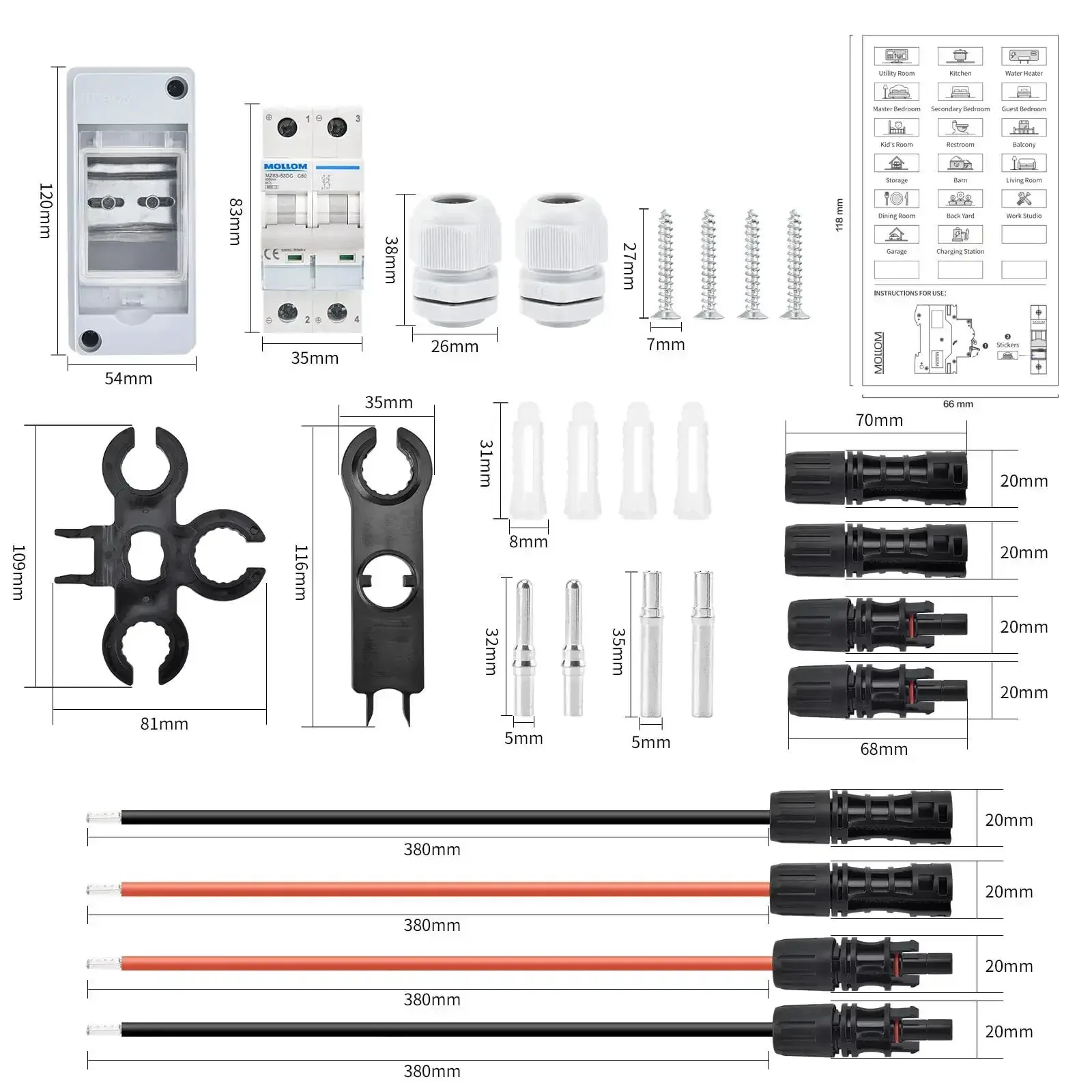 Solar Panel Disconnect Switch Gear Kit 400V 60A IP65 Breaker Box With 2P DC Miniature Circuit Breaker For PV Home Outdoor Battery System Includes Wrench Screws Terminals Solar Connectors And Extension Cables - Image 7