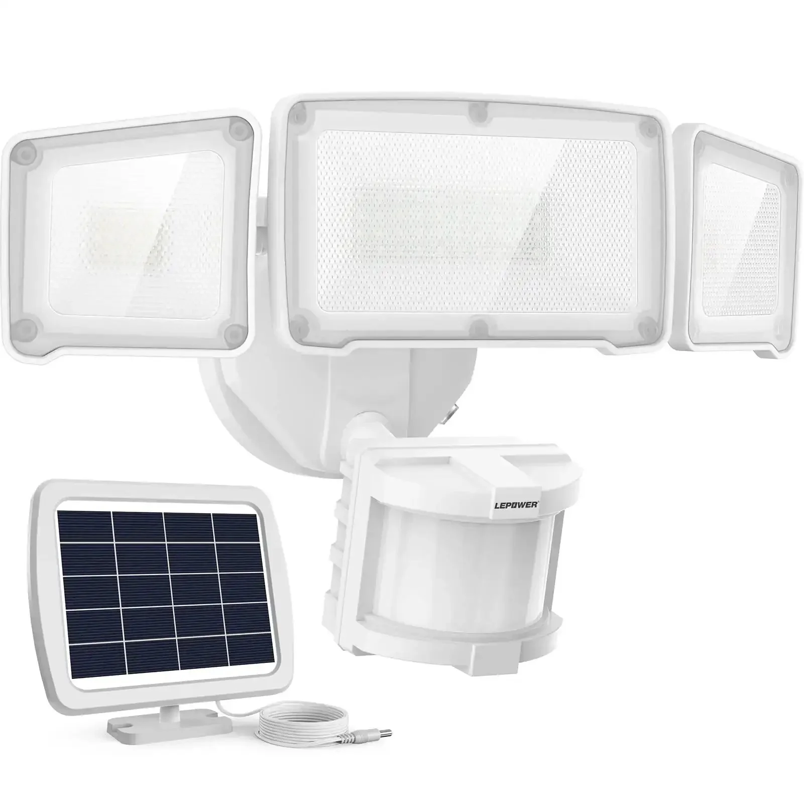 Solar Powered Motion Sensor Outdoor Light With 1600 Lumen White Flood Beams IP65 Waterproof Three Adjustable Heads No Wiring Needed Energy Saving Security Flood Light For Yard And Garage