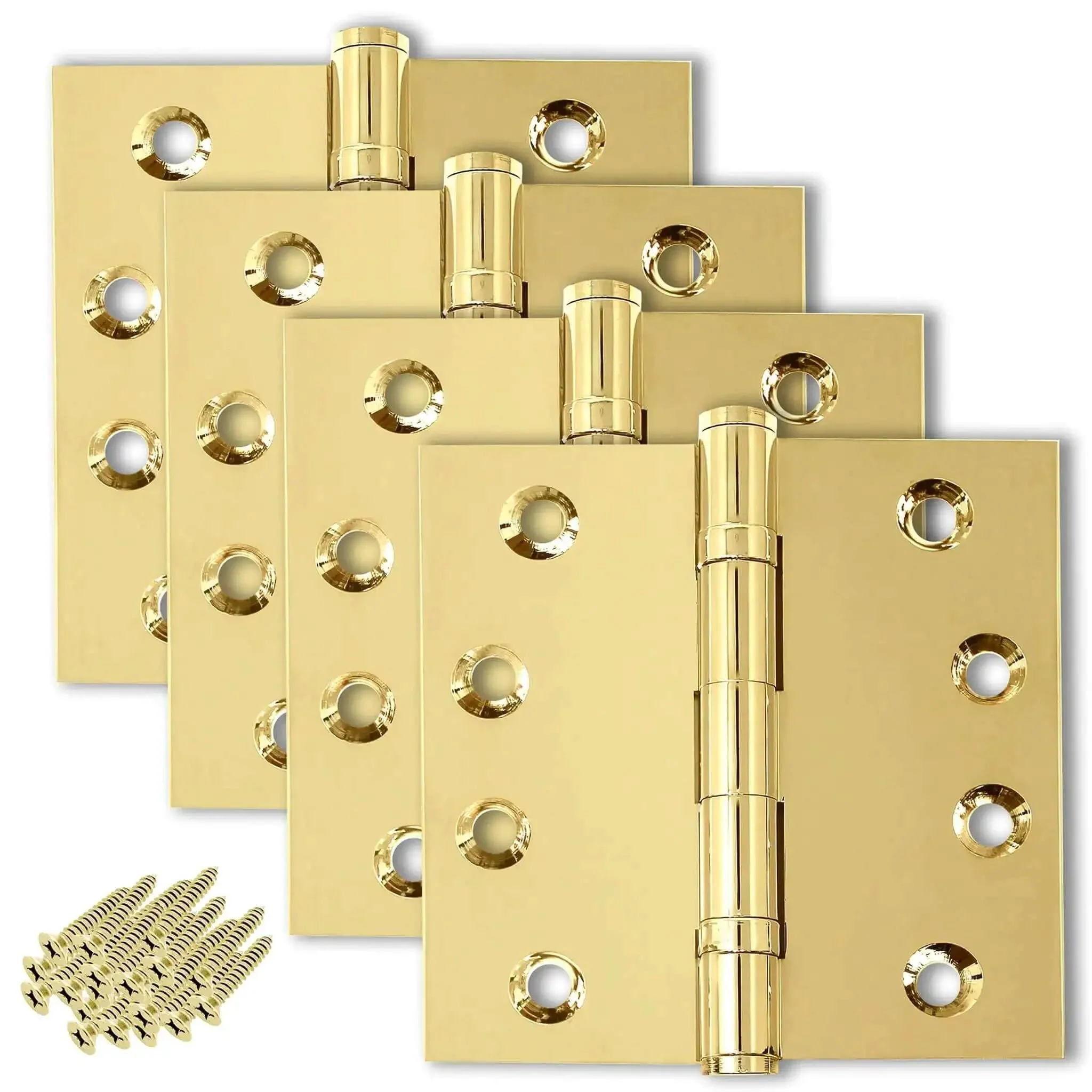 Solid Brass Ball Bearing Door Hinges Heavy Duty 4.5 x 4.5 Inch Polished Gold Finish Set Of 12 Hinges For Exterior Or Interior Doors With Smooth Operation And Long Life