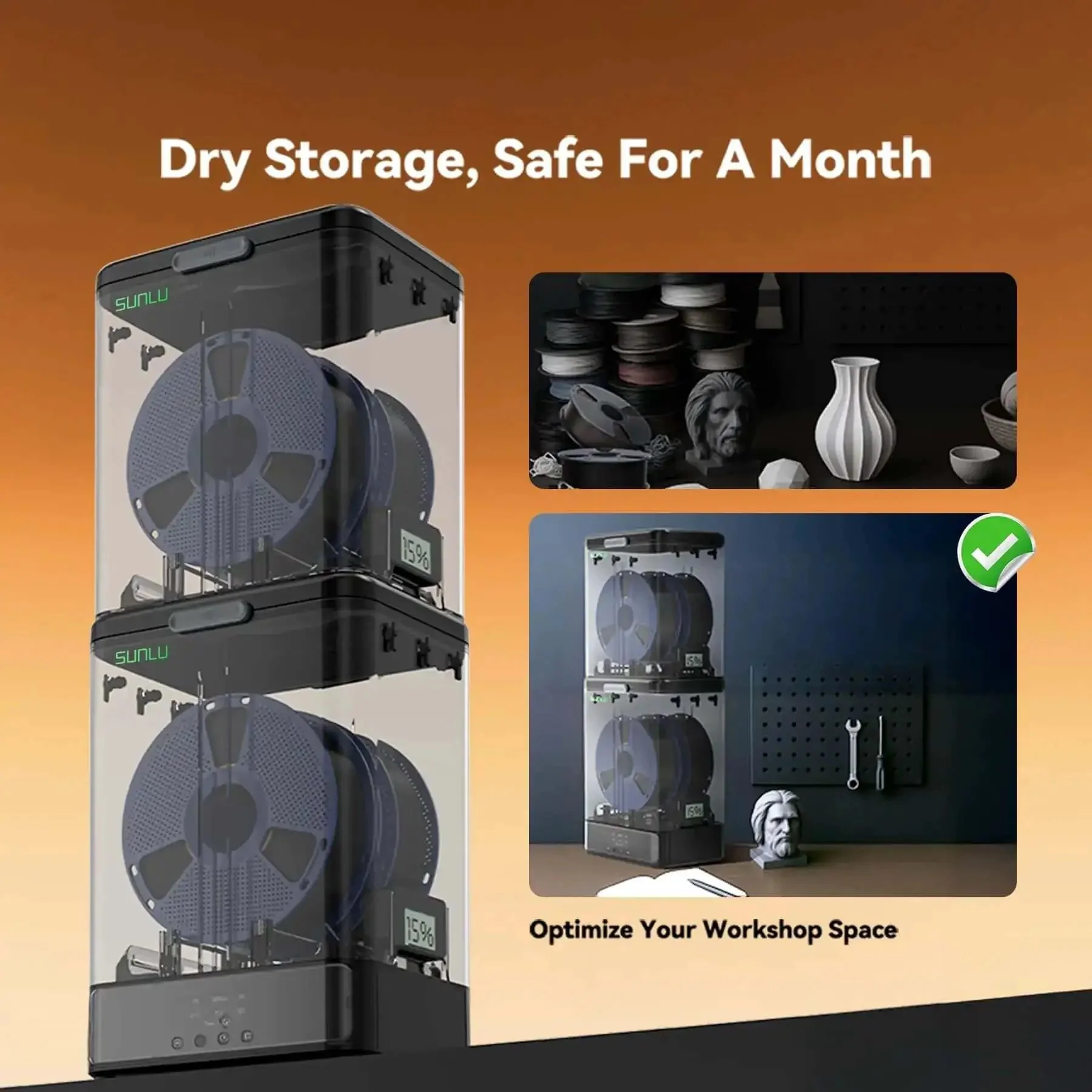 SP2 Filament Box Dryer With Rapid Heating To 70C, Supports 0.25 To 3 Kg, Compatible With 1.75 And 2.85 mm Filament, Chamber And Base Stackable Separated Design, Black, Easy Drying Cabinet For 3D Printing Filaments - Image 4