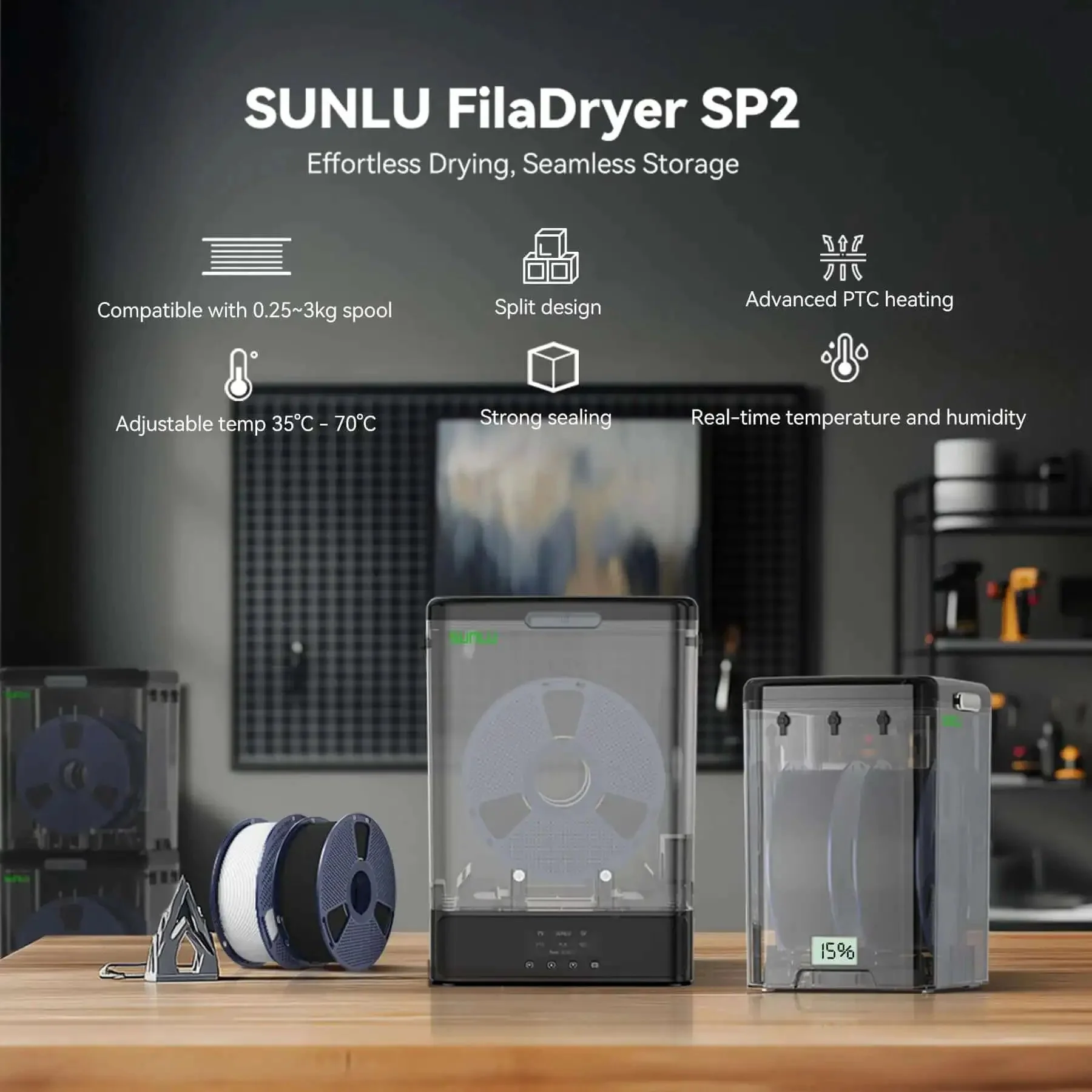 SP2 Filament Box Dryer With Rapid Heating To 70C, Supports 0.25 To 3 Kg, Compatible With 1.75 And 2.85 mm Filament, Chamber And Base Stackable Separated Design, Black, Easy Drying Cabinet For 3D Printing Filaments - Image 9