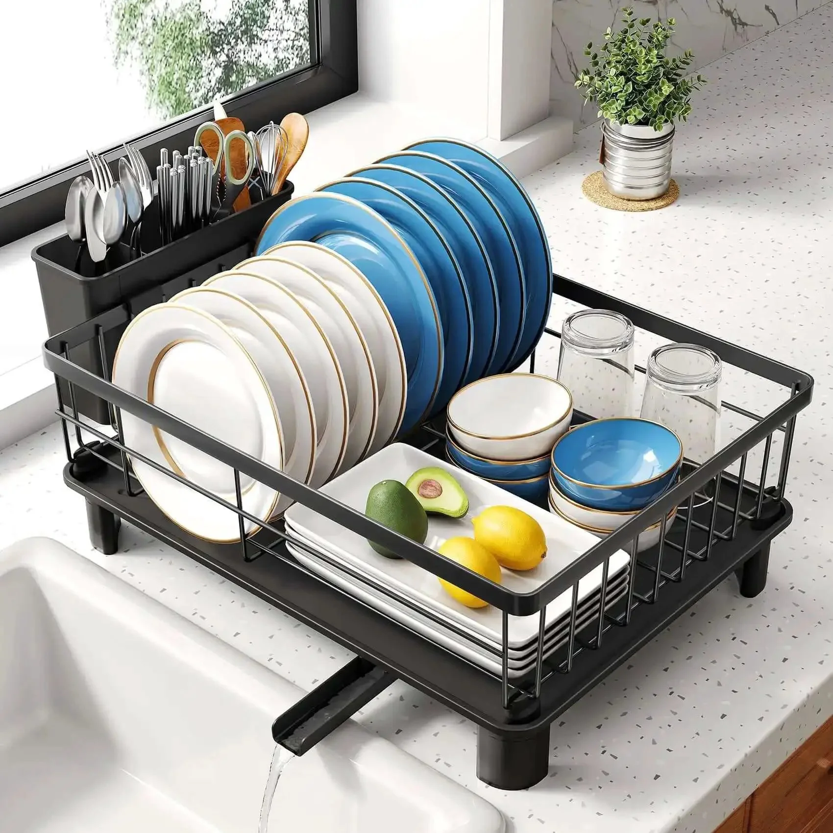 Space Saving Dish Rack For Small Kitchens With Utensil Holder And Drainboard, Angled Drainer In Stainless Steel, Holds Up To 10 Plates And Bowls, Plus Cups, Compact 15 L X 11 W X 5.9 H Black Finish