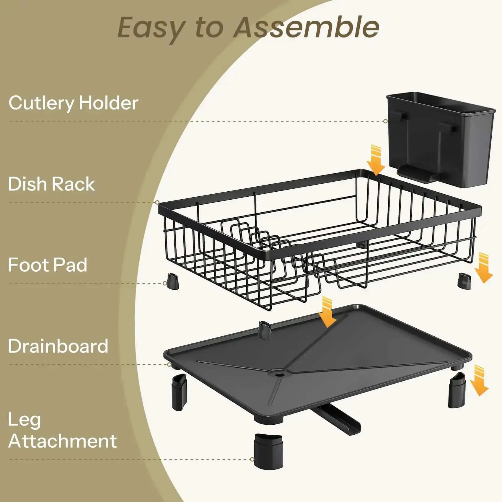 Space Saving Dish Rack For Small Kitchens With Utensil Holder And Drainboard, Angled Drainer In Stainless Steel, Holds Up To 10 Plates And Bowls, Plus Cups, Compact 15 L X 11 W X 5.9 H Black Finish - Image 3