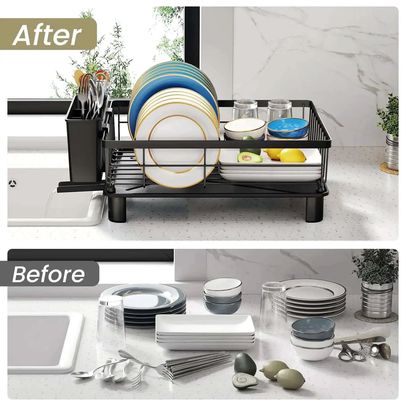 Space Saving Dish Rack For Small Kitchens With Utensil Holder And Drainboard, Angled Drainer In Stainless Steel, Holds Up To 10 Plates And Bowls, Plus Cups, Compact 15 L X 11 W X 5.9 H Black Finish - Image 5