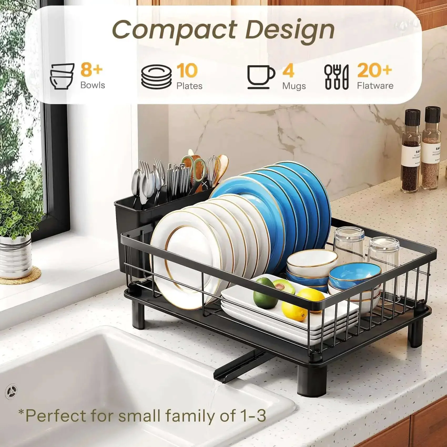 Space Saving Dish Rack For Small Kitchens With Utensil Holder And Drainboard, Angled Drainer In Stainless Steel, Holds Up To 10 Plates And Bowls, Plus Cups, Compact 15 L X 11 W X 5.9 H Black Finish - Image 8