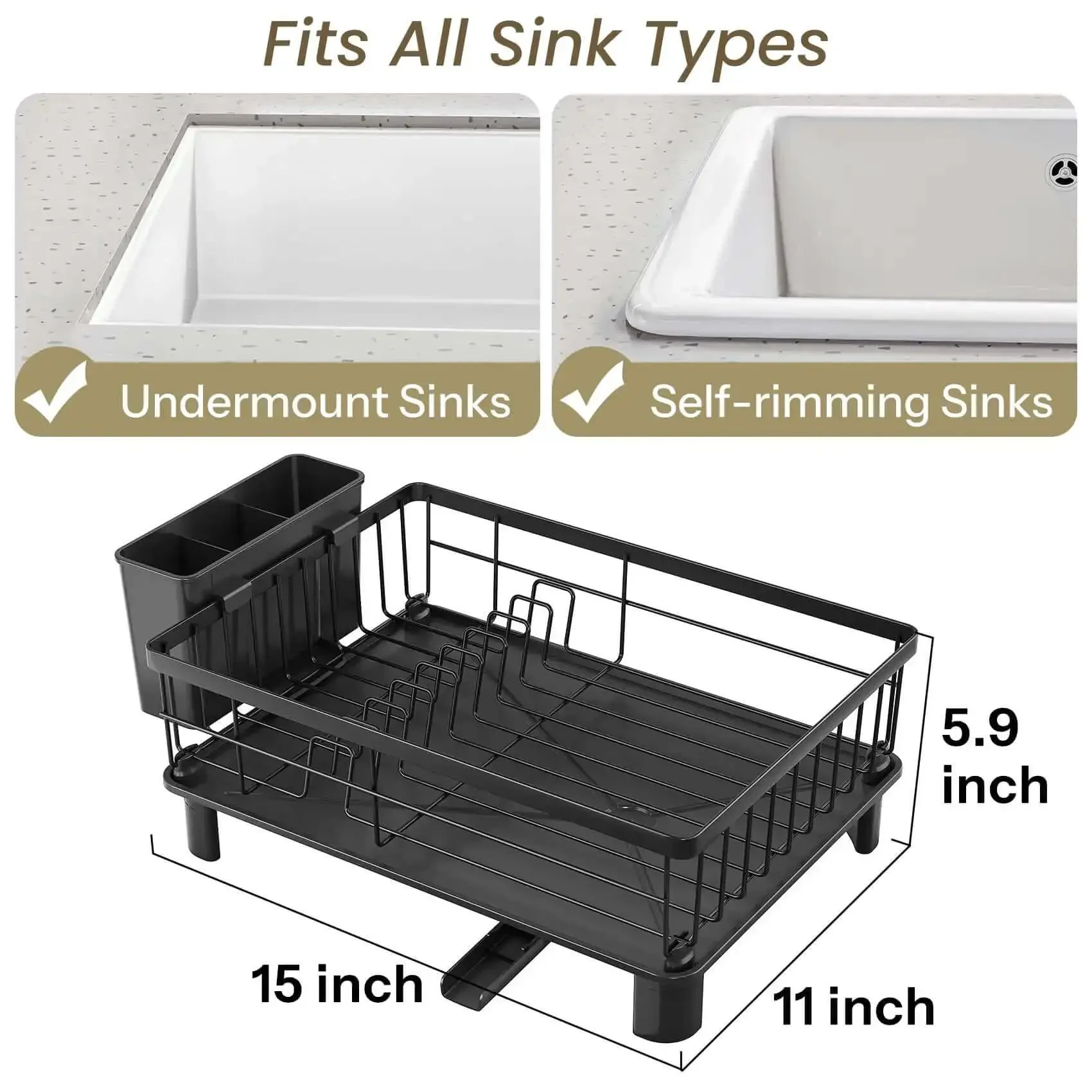 Space Saving Dish Rack For Small Kitchens With Utensil Holder And Drainboard, Angled Drainer In Stainless Steel, Holds Up To 10 Plates And Bowls, Plus Cups, Compact 15 L X 11 W X 5.9 H Black Finish - Image 9