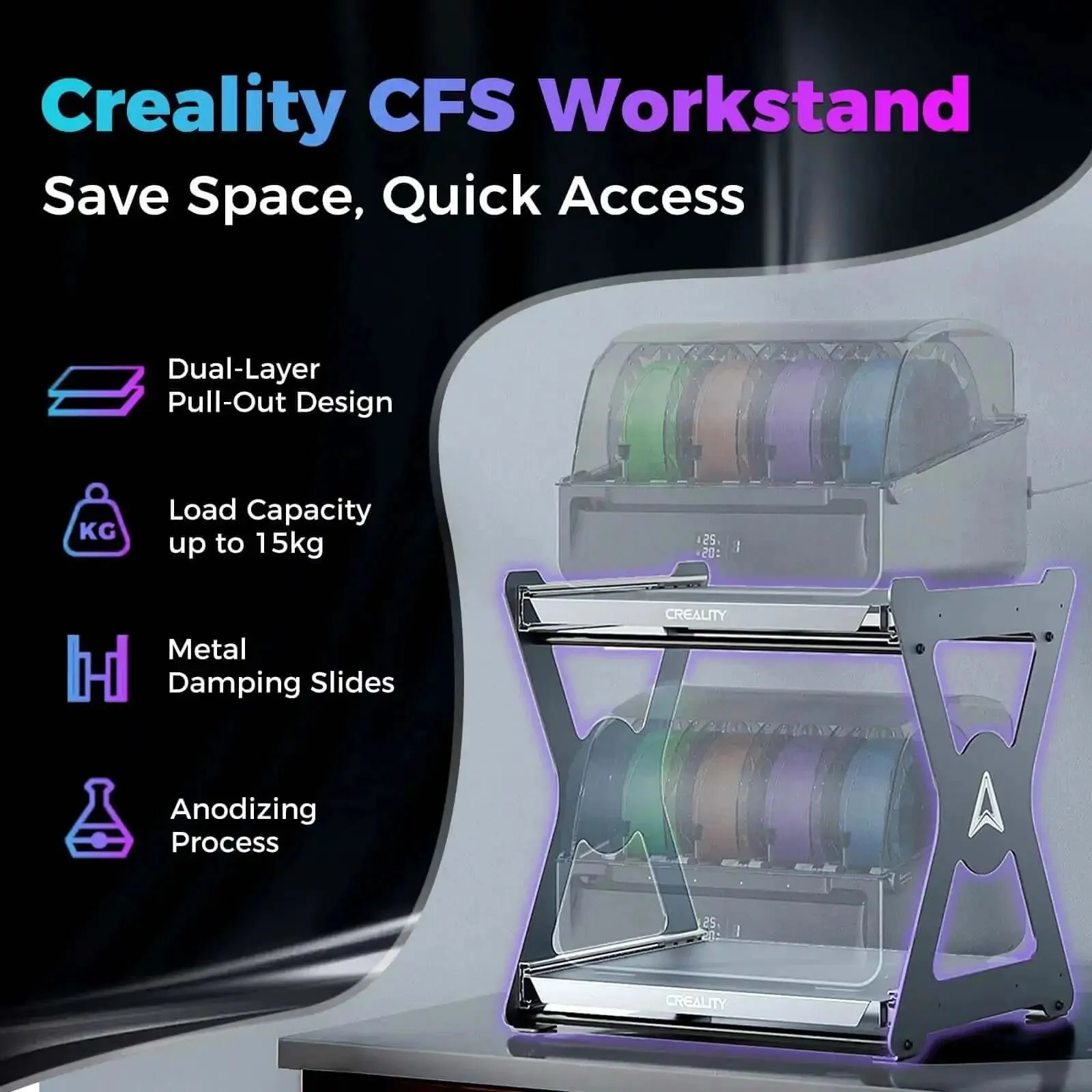 Space Saving Dual Layer 3D Printing Workstand With Pull Out Shelves, 15kg Per Layer, Metal Damping Slides, Anodized Bracket For Filament Dryer And CFS Storage, Quick Access Setup For Filaments, Tools, And Maker Gear - Image 9