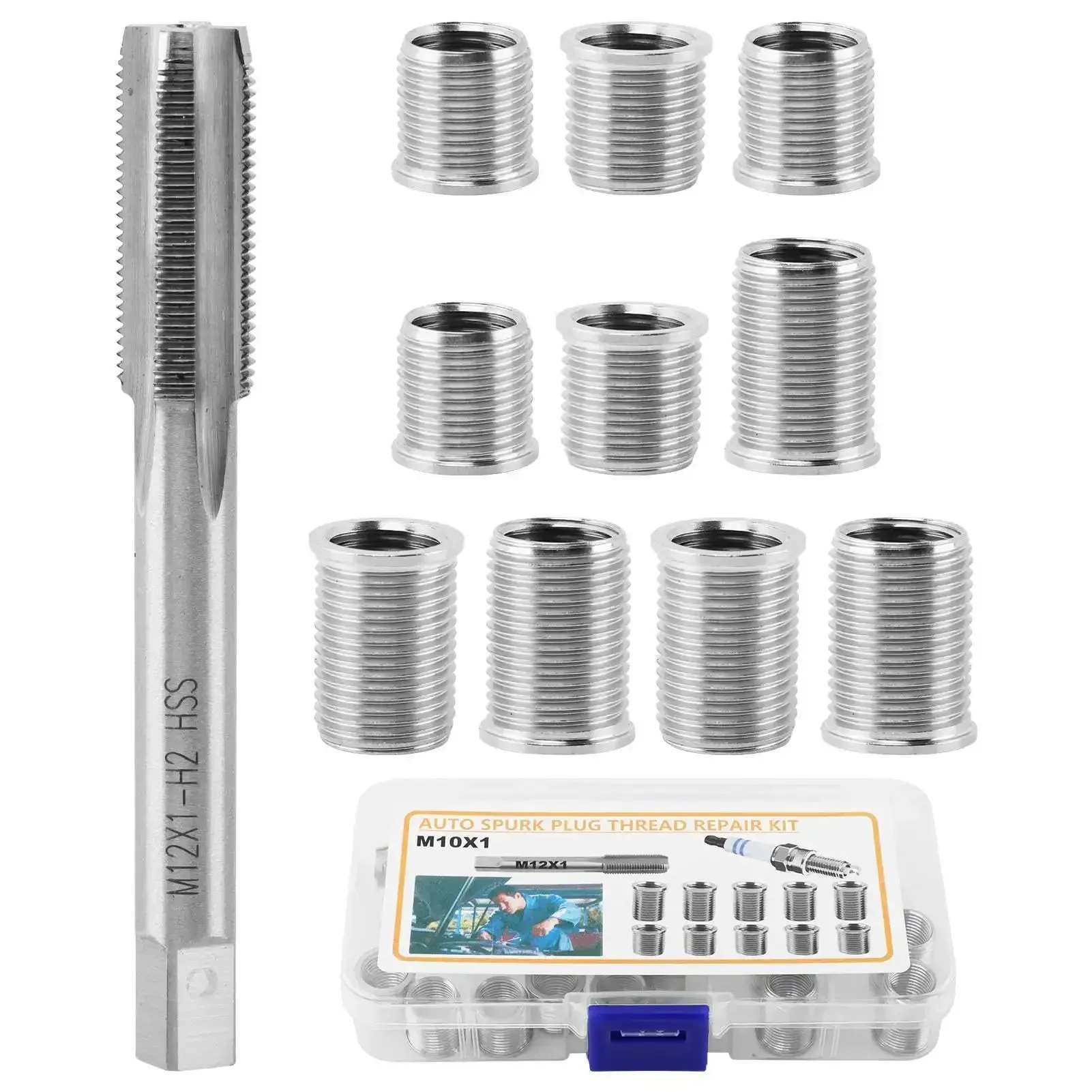 Spark Plug Thread Repair Kit Stainless Steel Rethread Set for M10x1.0 and M12x1.0 Threads Includes 10 Inserts and 1 Tap Automotive Engine Cylinder Head Repair Tool for Cars and DIY Projects